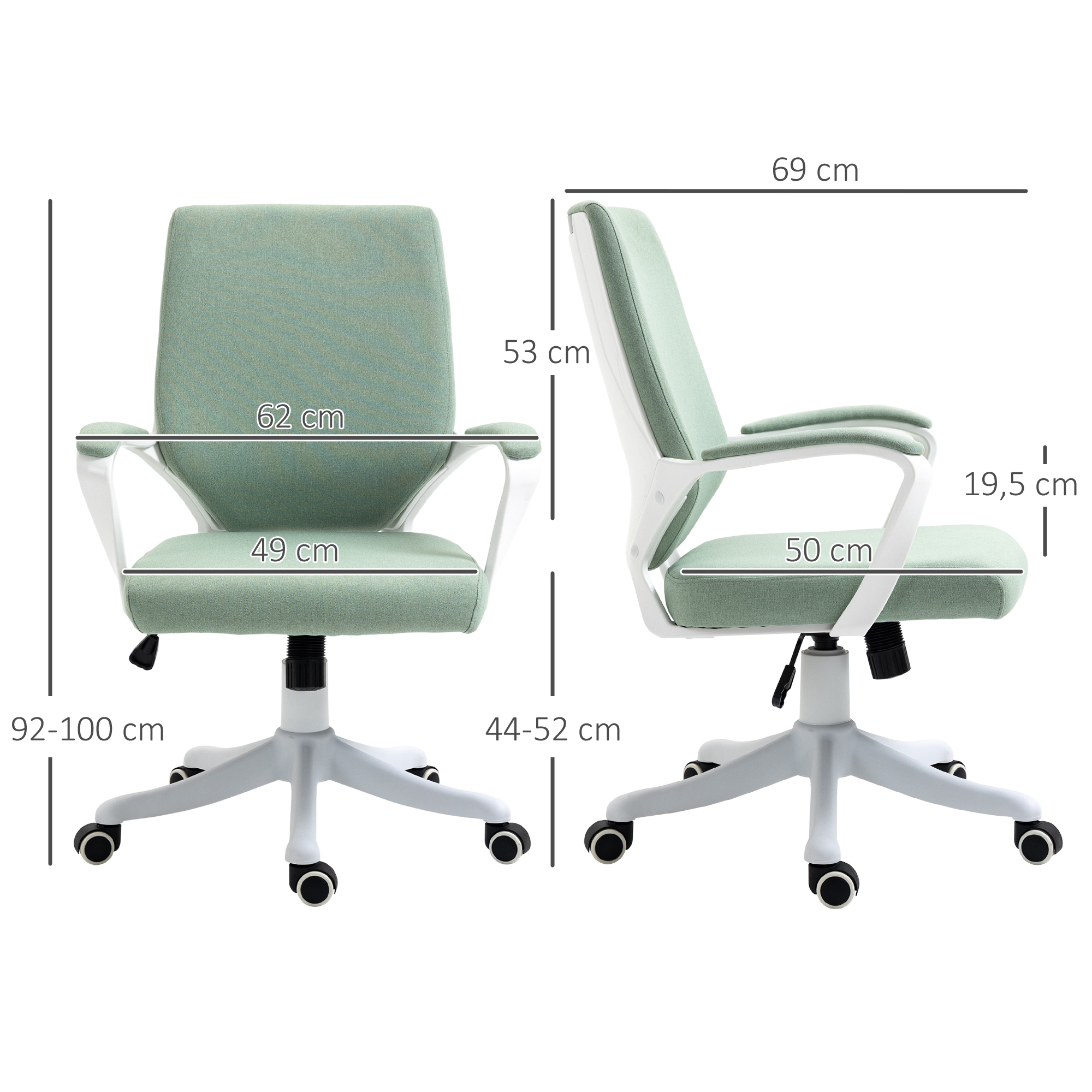 Bürostuhl Schreibtischstuhl Home-Office-Stuhl mit Wippenfunktion Rückenlehne höhenverstellbarer dick gepolstert ergonomisch 360°-Drehräder Polyester Nylon PP Grün+Weiß 62x69x92-100 cm