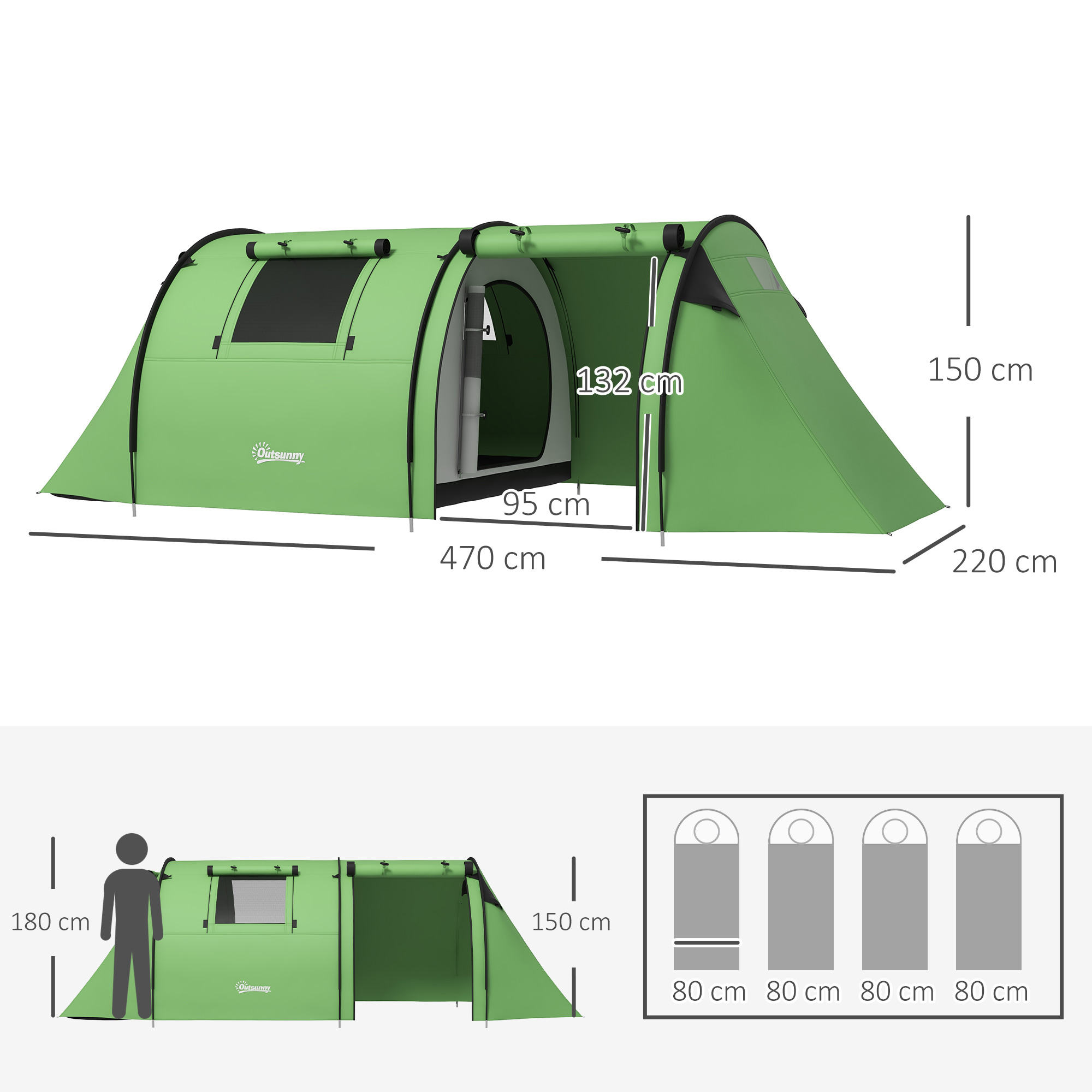 Campingzelt für 3-4 Personen stabil wasserdicht Familienzelt mit Schlafzimmer Wohnzimmer 3000mm Wassersäule Dunkelgrün