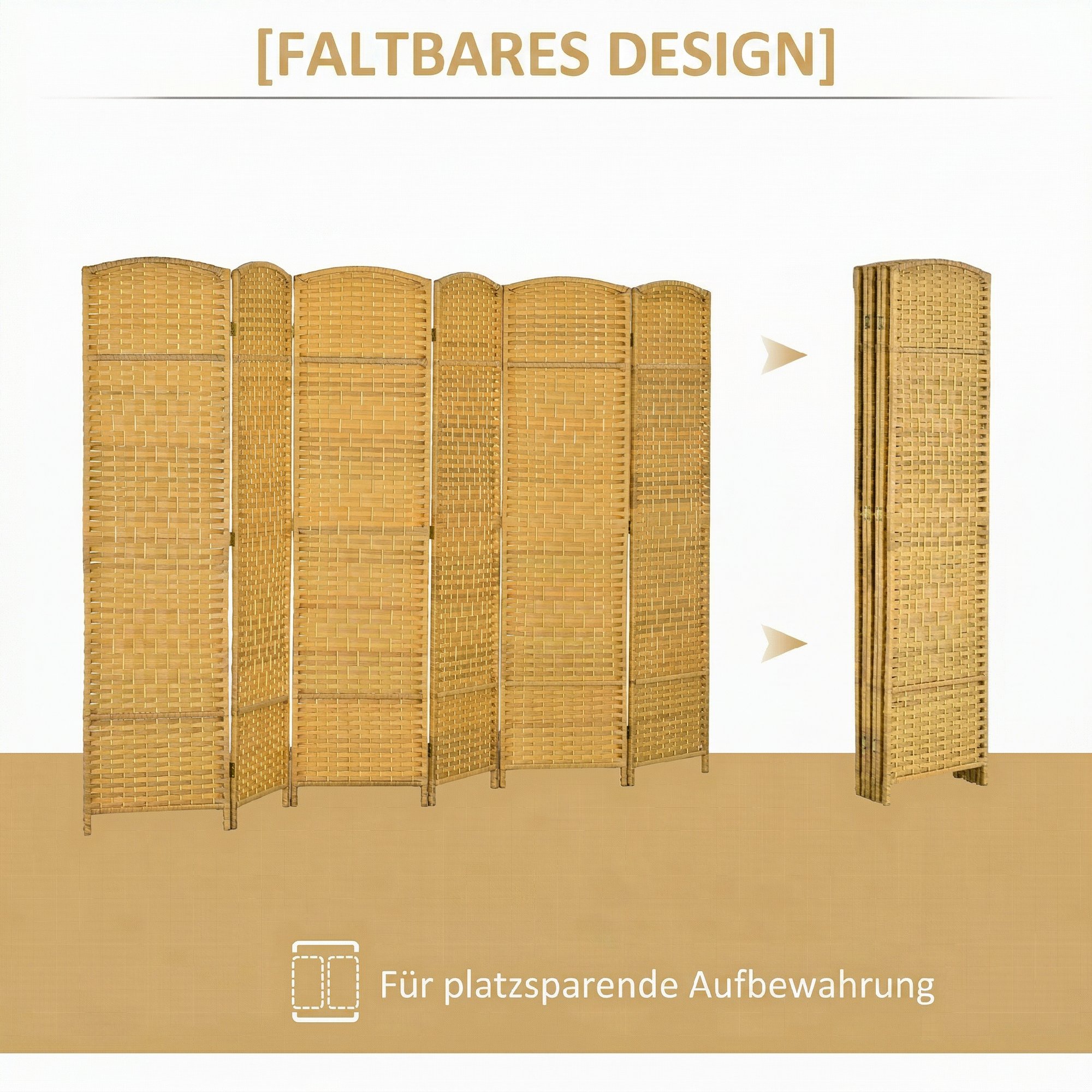 Raumteiler, 6-teilig faltbare Trennwand, Geflechtmuster, Kiefernholz, Naturholz