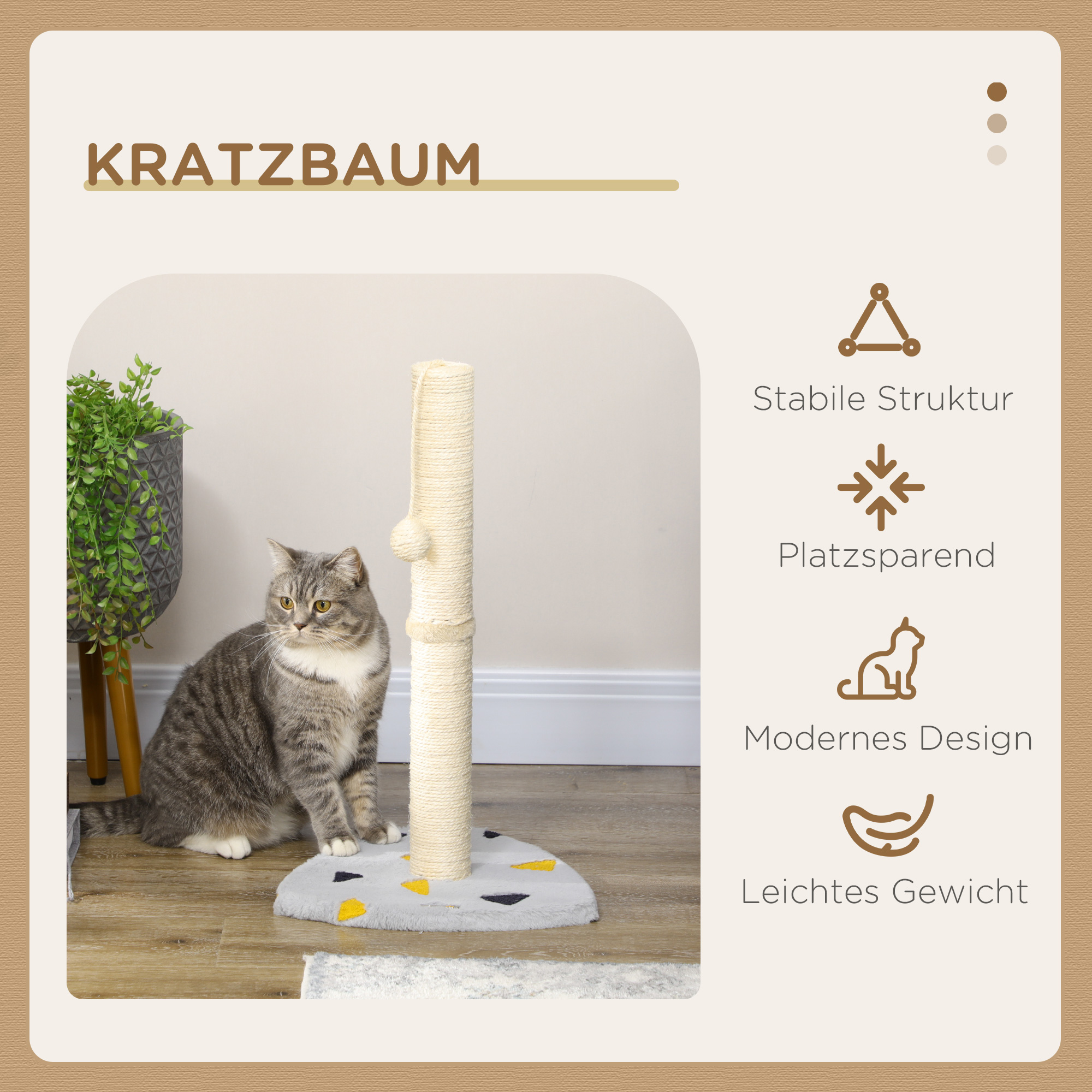 Kratzbaum, mit Spielball, kompakte Größe, robustes Juteseil, hellgrau+beige, 35 x 35 x 62 cm