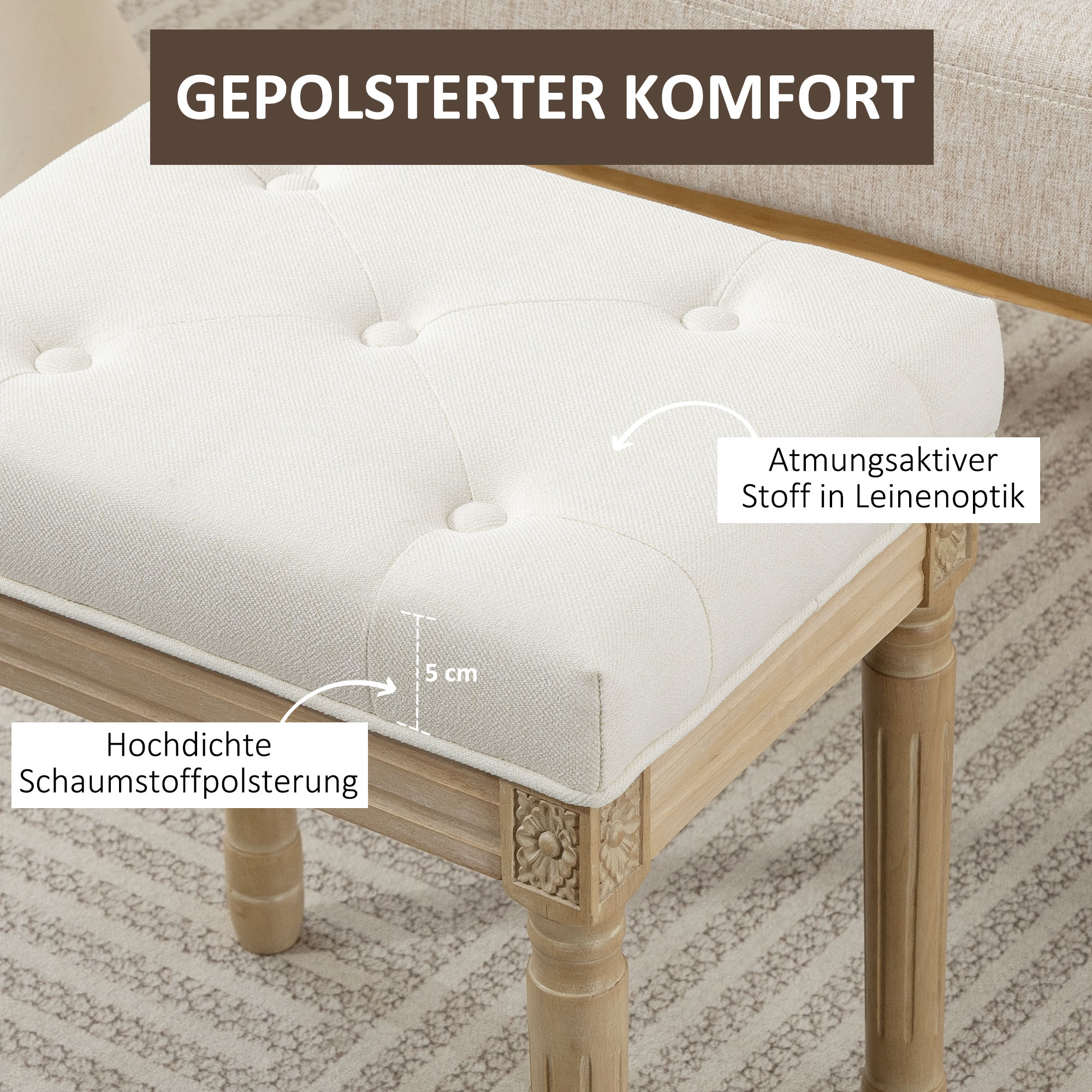 Leinen Sitzhocker, Polsterbank, Fußbank mit gepolstertem Sitz, Holzbeine, 42 x 32 x 46,5 cm, Beige