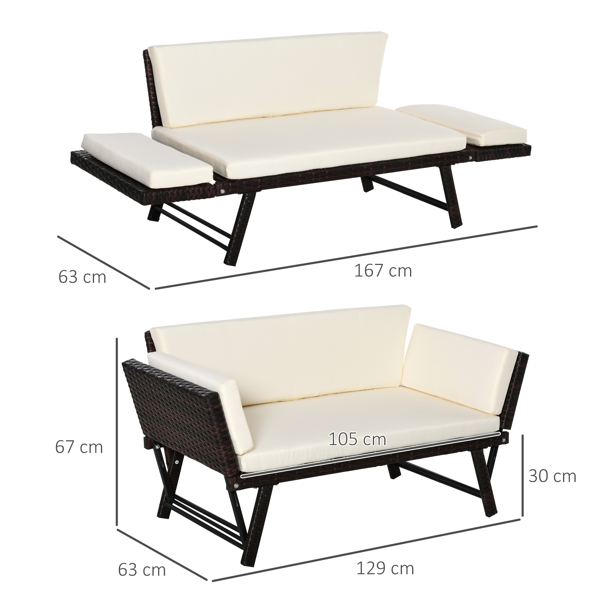 Polyrattan Gartensofa 2 Sitzer Gartenmöbel Loungesofa Gartenbank Gartenliege klappbar Armlehnen Stahl Braun 129 x 63 x 67 cm