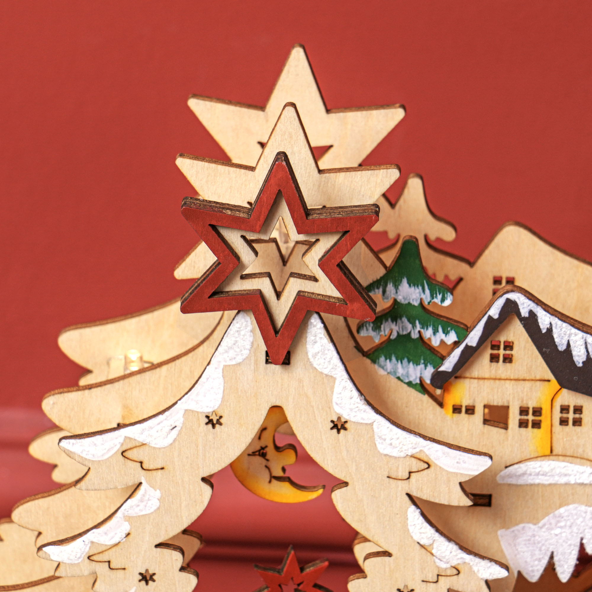 Weihnachtsdorf im Winterwunderland, 20 LED-Lichter, mehrschichtig, Naturholz, 45 x 12 x 30 cm