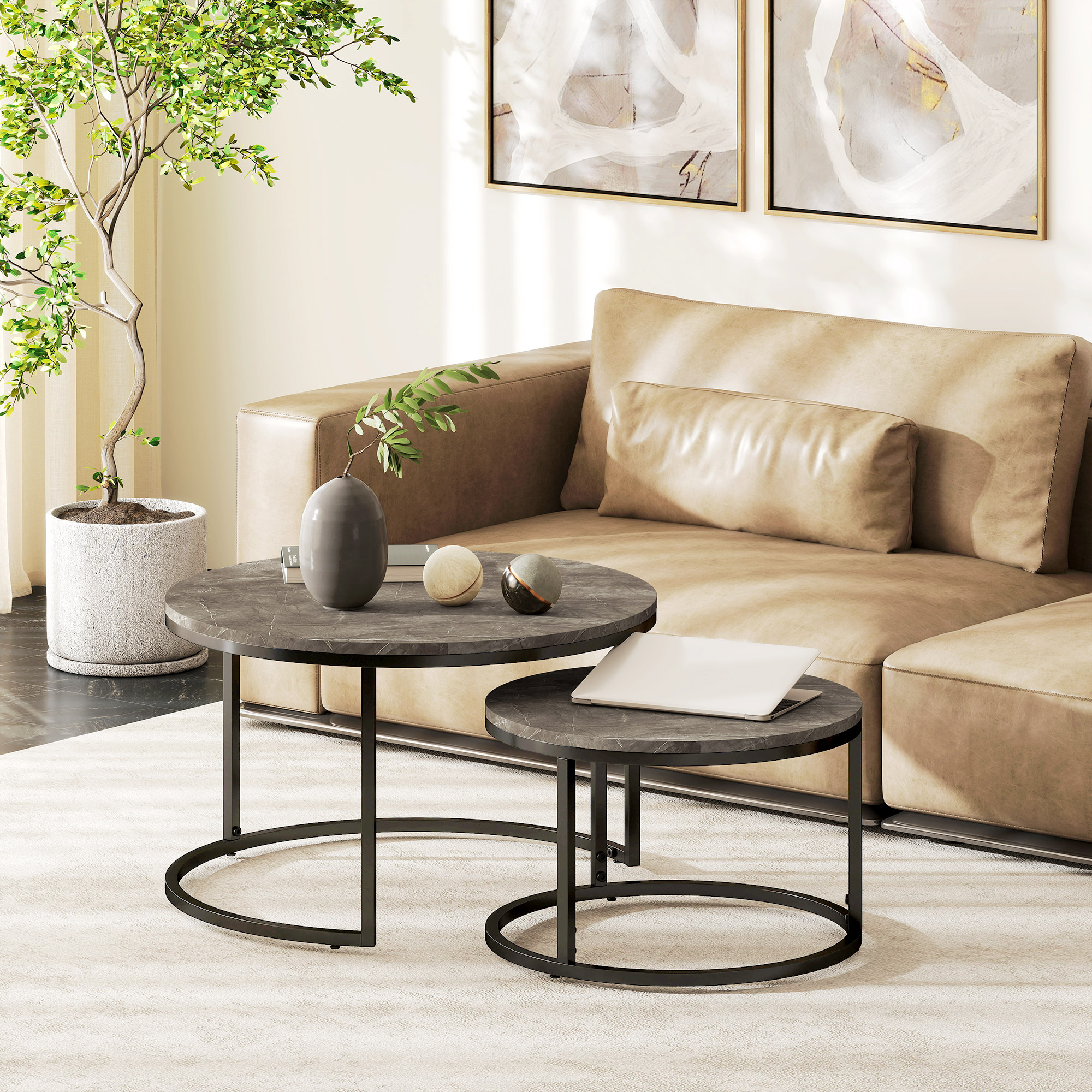 2er-Set runde Couchtische, stapelbare Beistelltische mit Metallrahmen, Wohnzimmertisch in Marmoroptik, Kaffeetisch, Grau