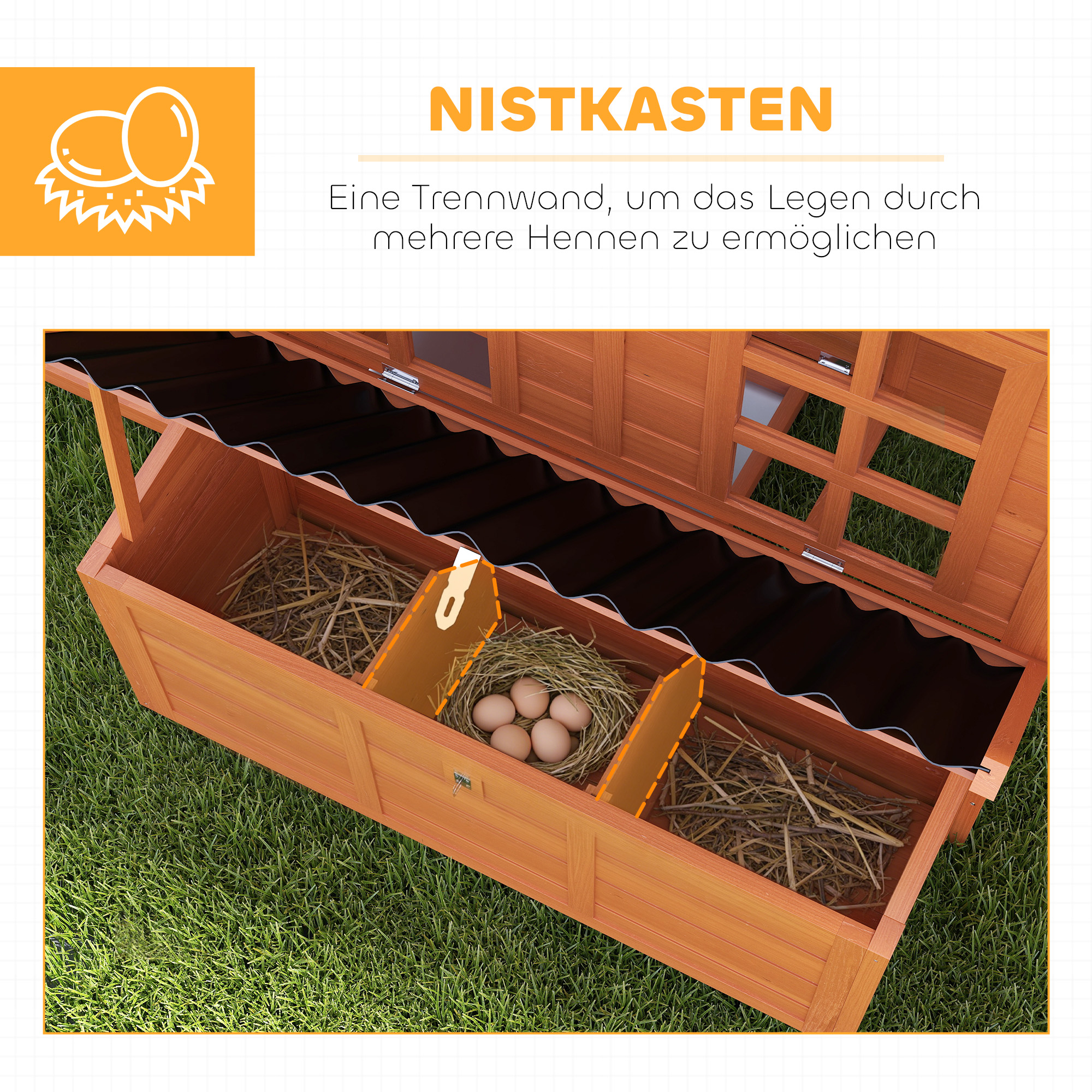 Hühnerstall mit Nestkasten für 4-6 Hühner, Wasserfestes Dach, Tannenholz, Kunststoff, 100 x 86 x 100 cm, Orange