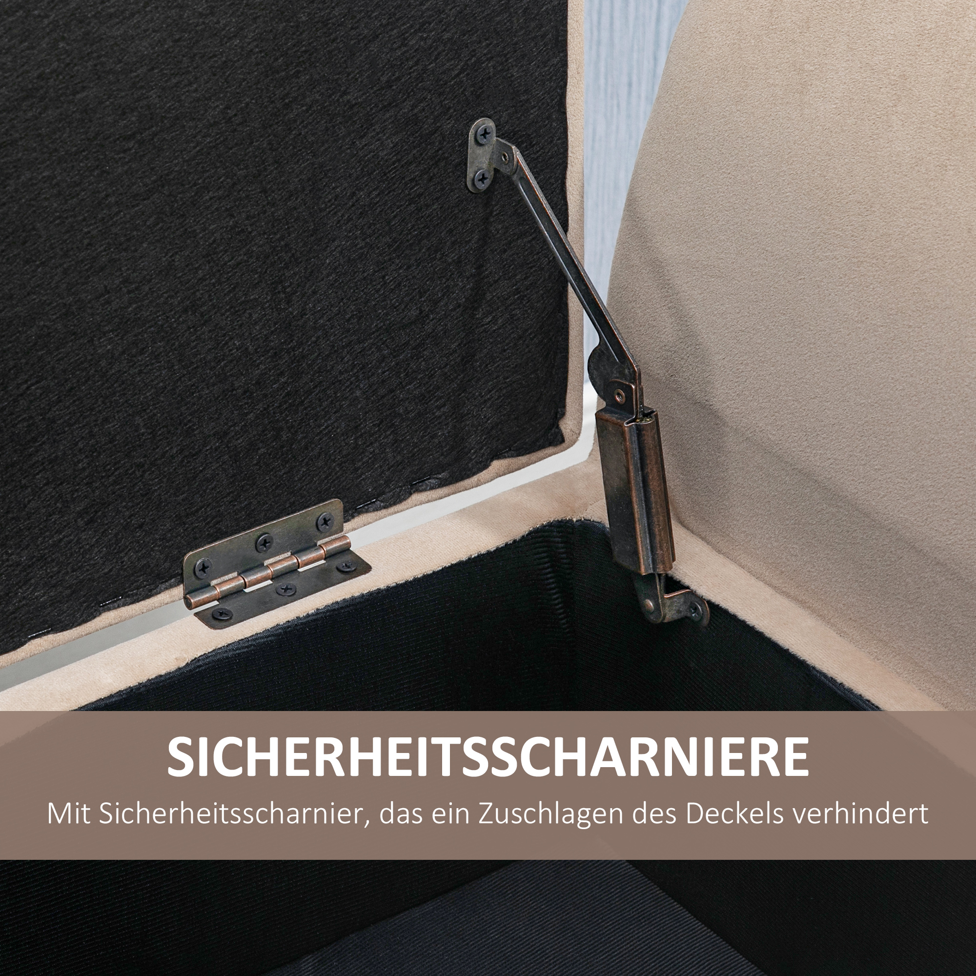 Polsterbank mit Stauraum, Truhenbank mit Armlehnen, 46 cm Sitzhöhe, samtartiges Polyester, 111,5 x 41 x 65 cm, Beige