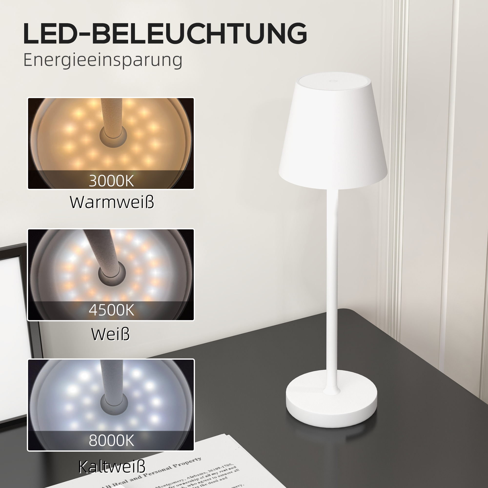 Aufladbare USB-Tischleuchte mit 3 Lichtfarben, Tragbare USB-Nachttischlampe mit Touch-Schalter, Metall, Weiß