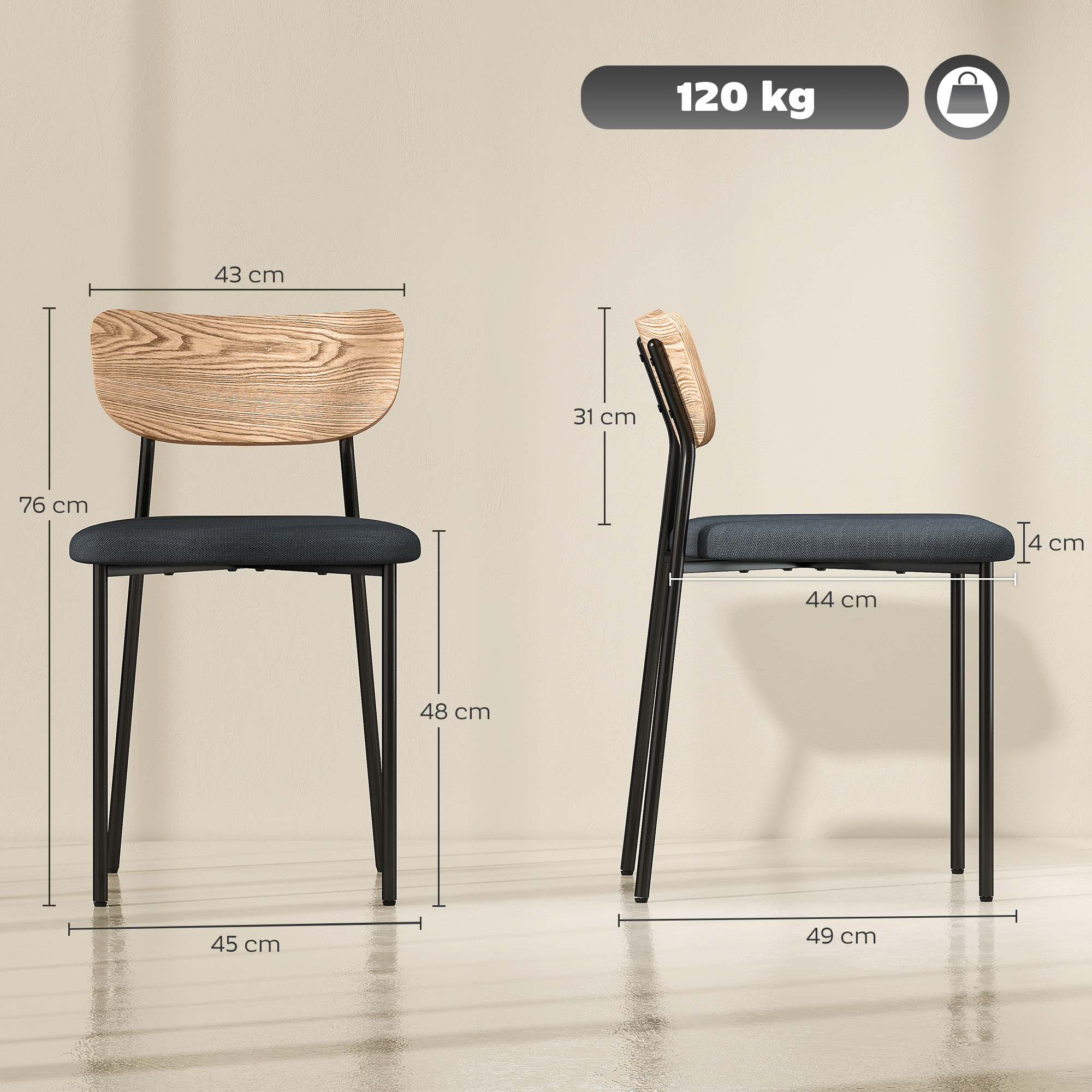 2er-Set Esszimmerstühle, Leinenoptik, armloses Design, Metallbeine, Grau