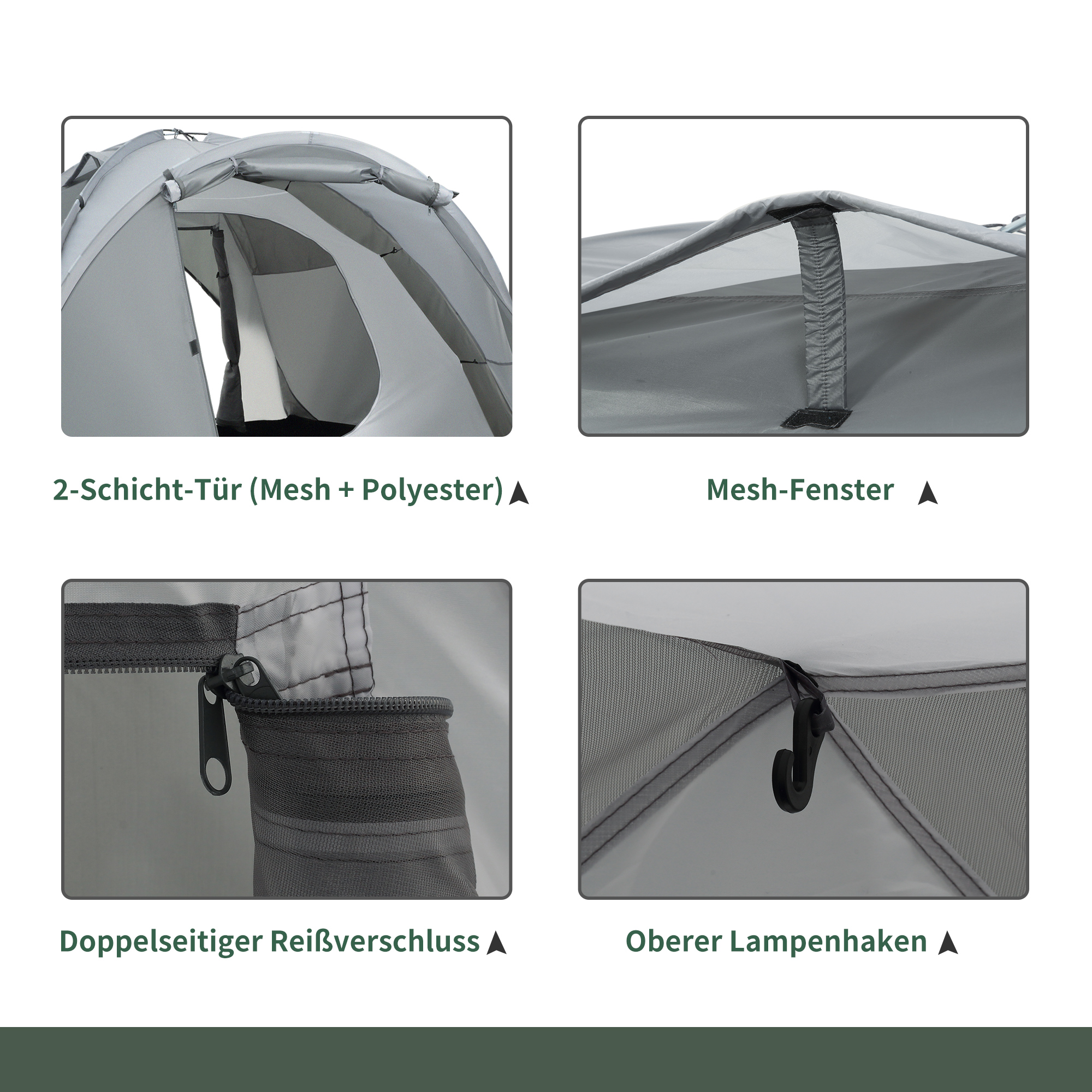 Campingzelt für 2-3 Personen Glasfaser Tür mit Reißverschluss Meshfenster inkl. Transporttasche Kuppelzelt 190T Kunstleder2000mm Glasfaser Grau
