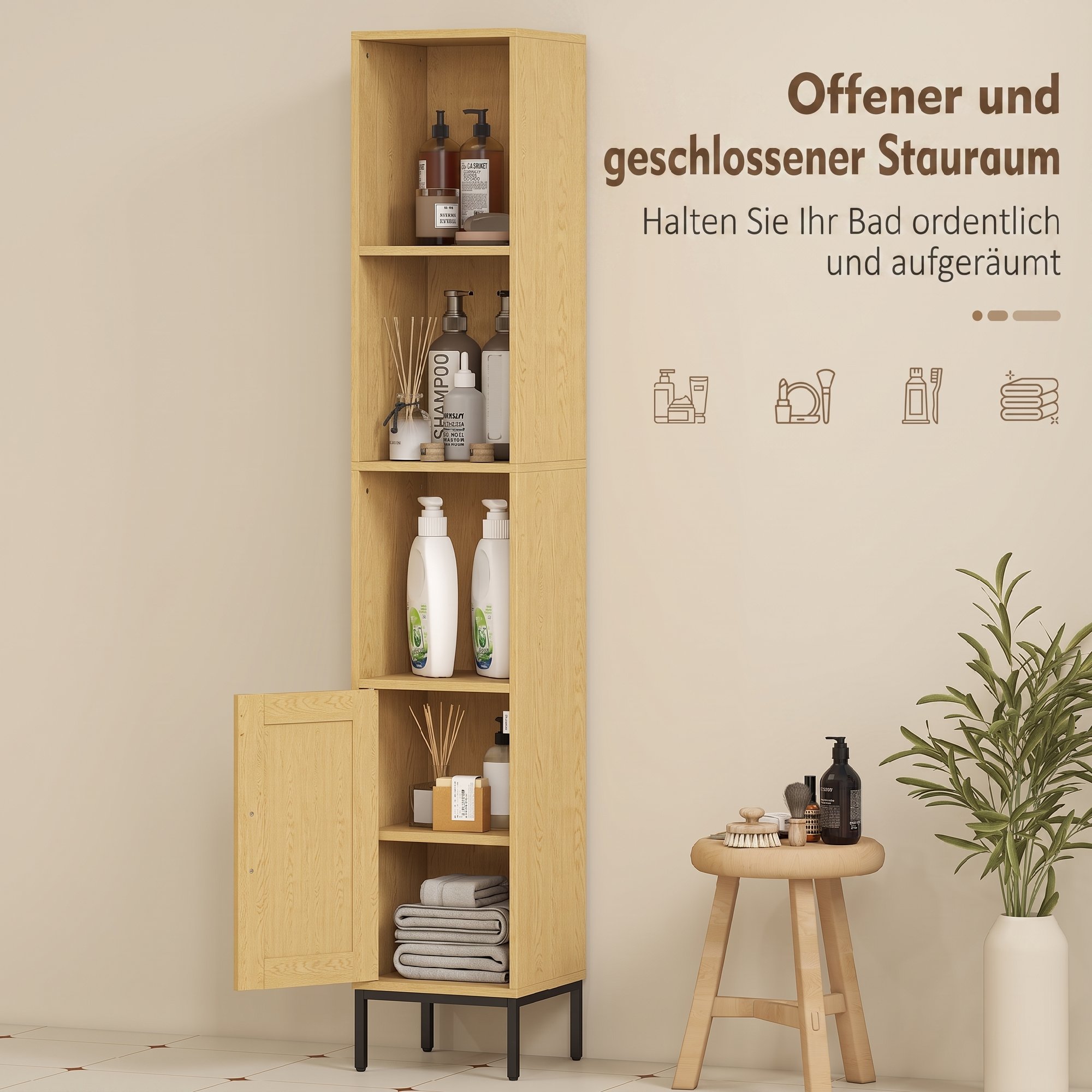 Hoher Badezimmerschrank, schmaler Badschrank mit offenen Ablagen und verstellbarem Einlegeboden, Naturholzoptik
