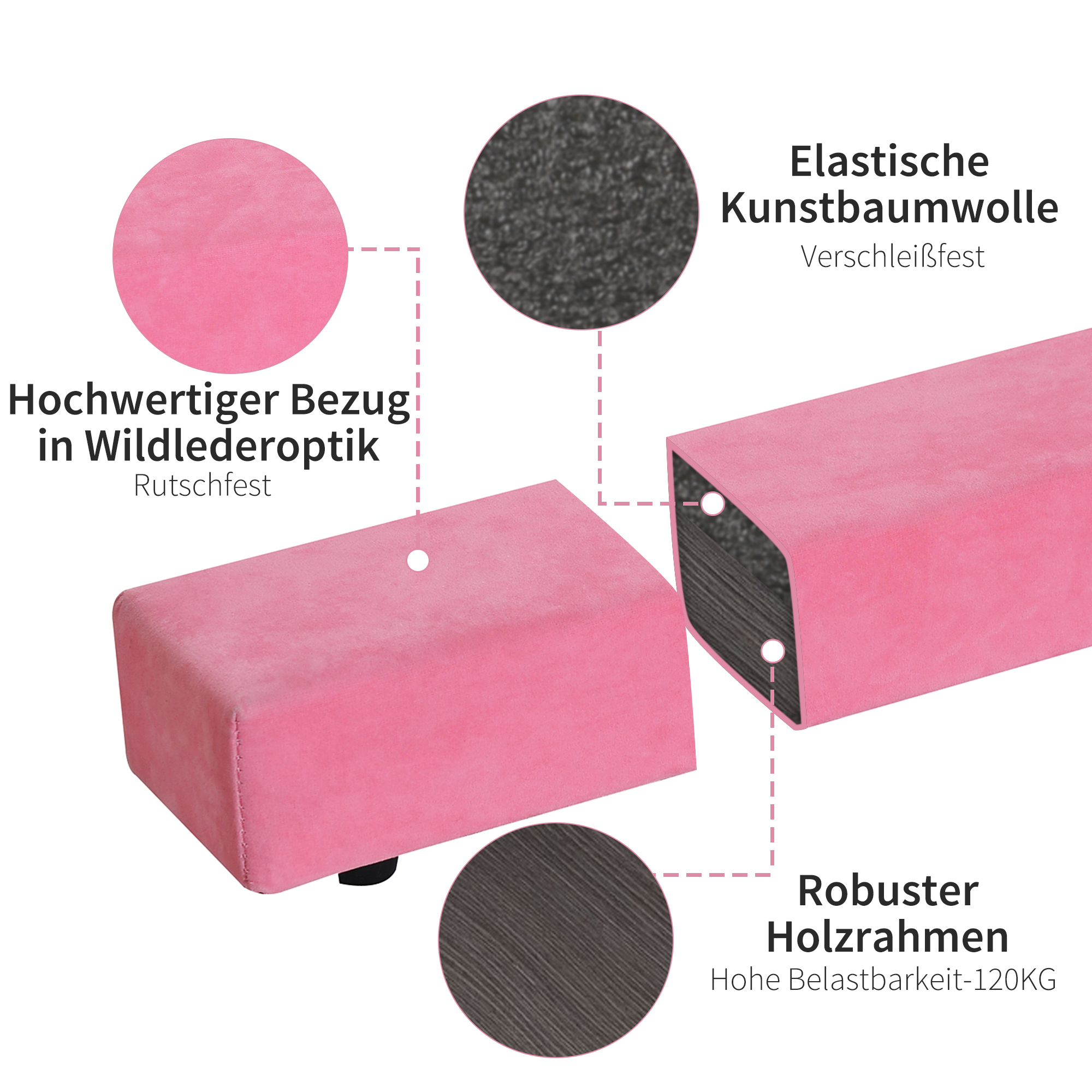 Faltbarer Schwebebalken, rutschfest, Wildlederbezug, robustes Holz, 210 x 10 x 6,5 cm, Rosa