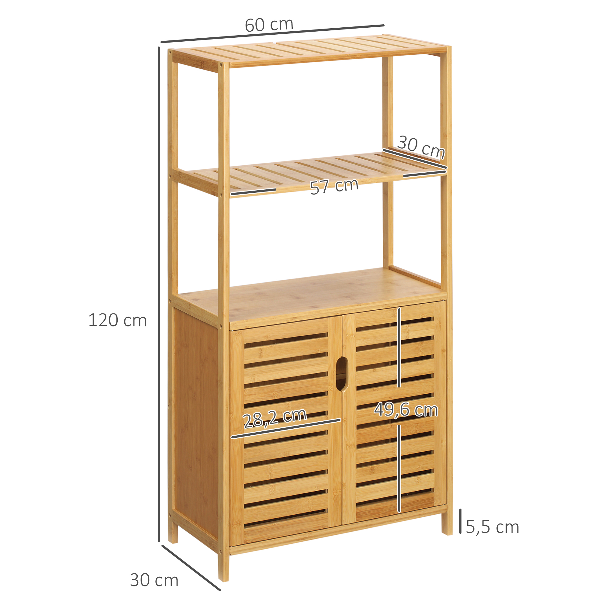 Badezimmerschrank, Badezimmerkommode mit Lamellentüren, Badregal, Bambusholz, Naturholz