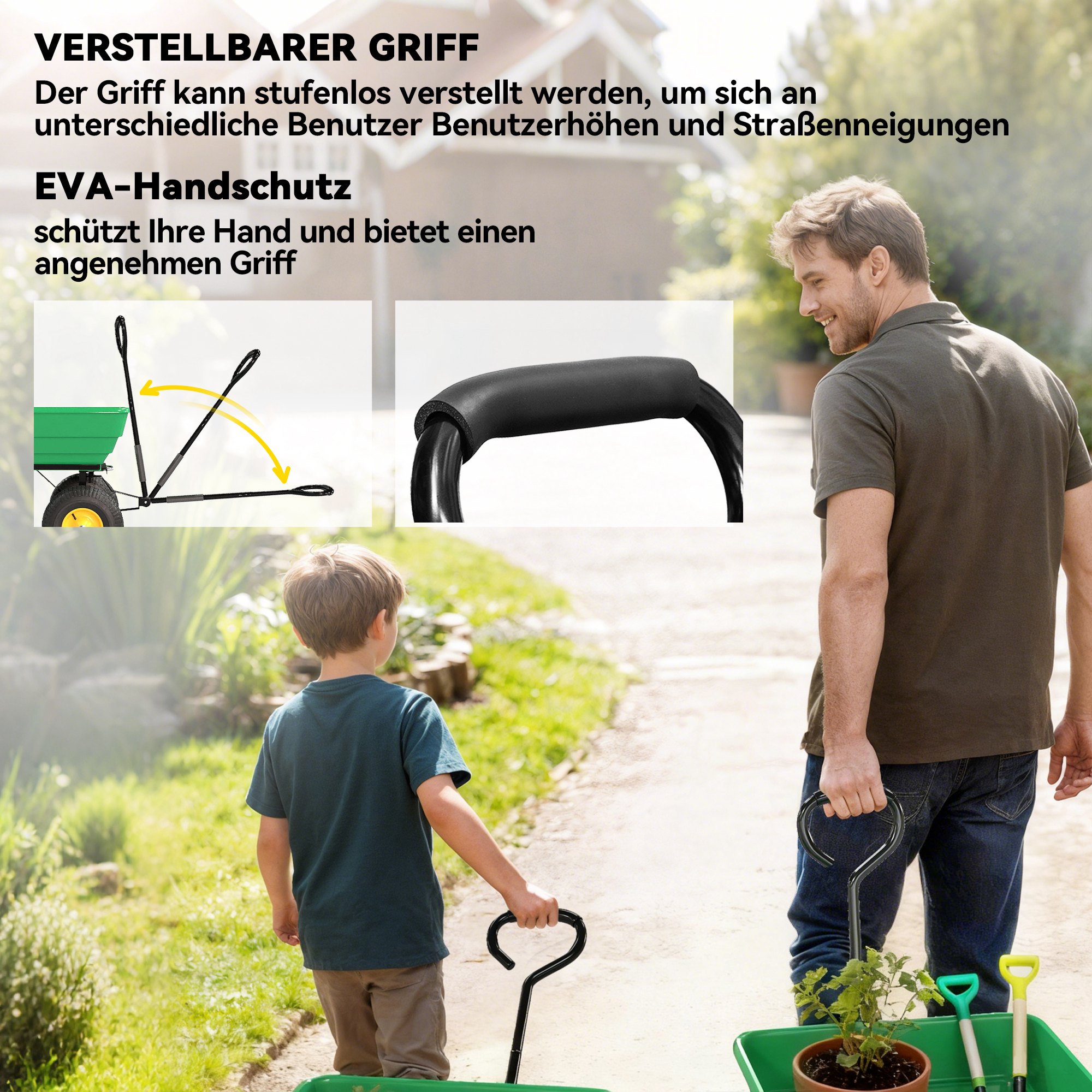 Gartenwagen mit Kippfunktion bis 200 kg Handwagen mit 75 Liter Kunststoffwanne Ziehgriff Luftbereifung Dunkelgrün