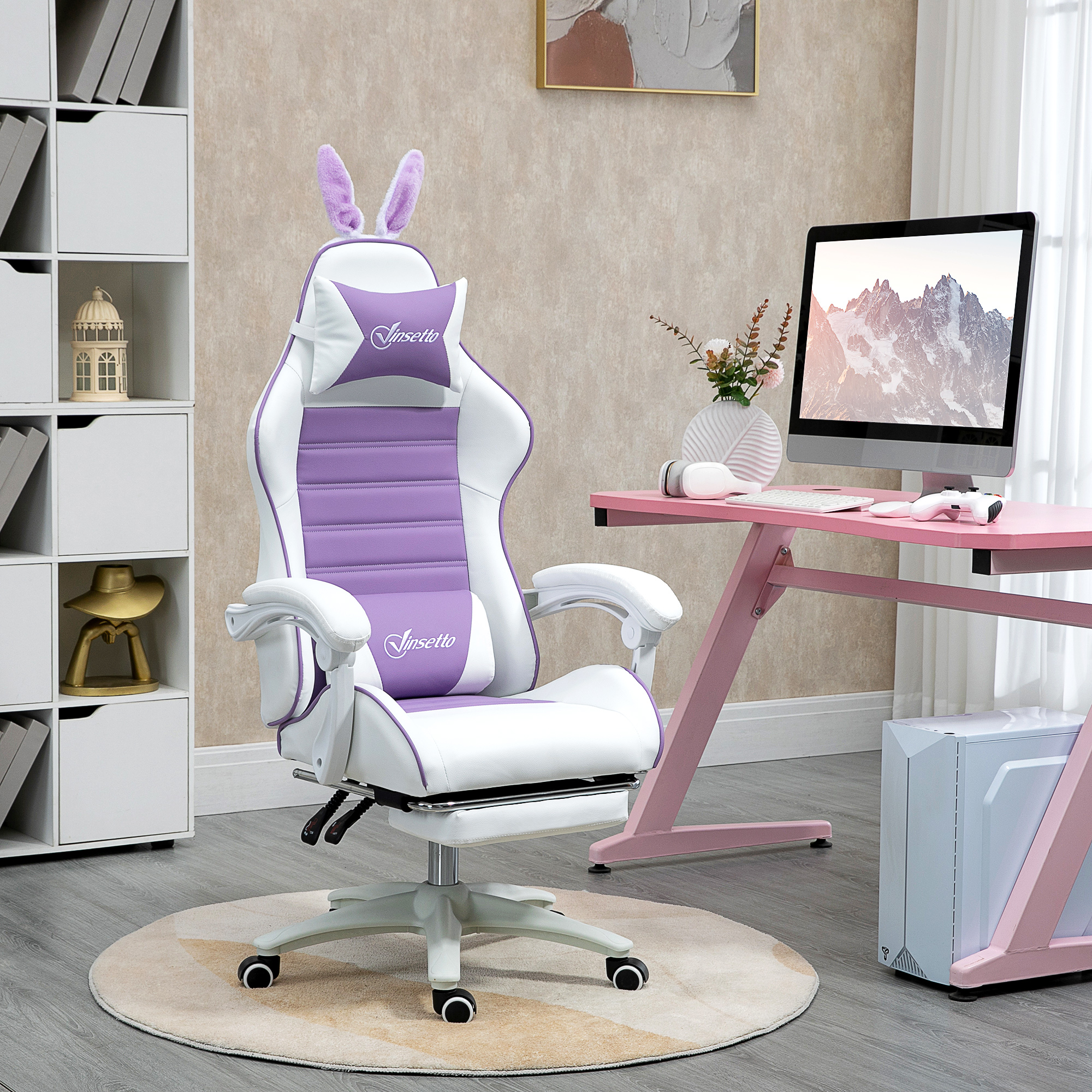 Gaming Stuhl, ergonomischer Gamer Stuhl mit Lendenwirbelstütze, Fußstütze, Hasenohren, Kopfkissen violett