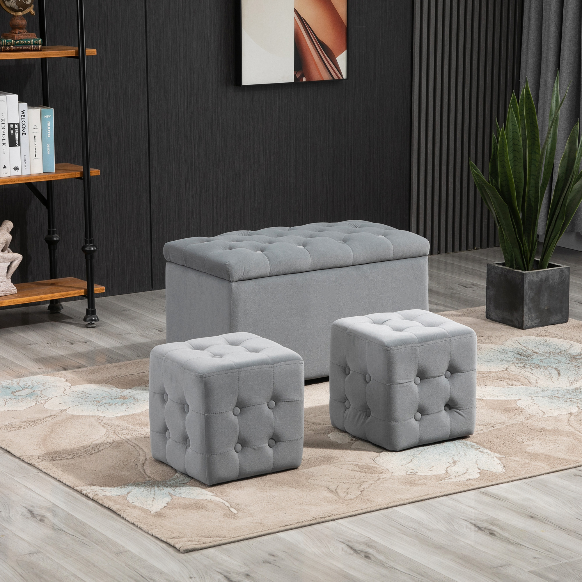 3-teiliges Set mit Stauraum, 2 x Sitzhocker, Polster-Sitztruhe, Fußhocker, Aufbewahrungsbox, Fußablage, belastbar bis 130 kg, Mikrofaserstoff, Schaumstoff, 75 x 40 x 42 cm, Hellgrau