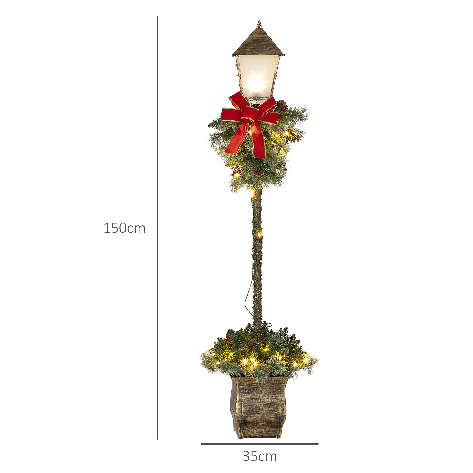 Weihnachtslaterne mit Beeren, Zapfen & Schleife, LED-Lichter, Metallmast, 150 cm