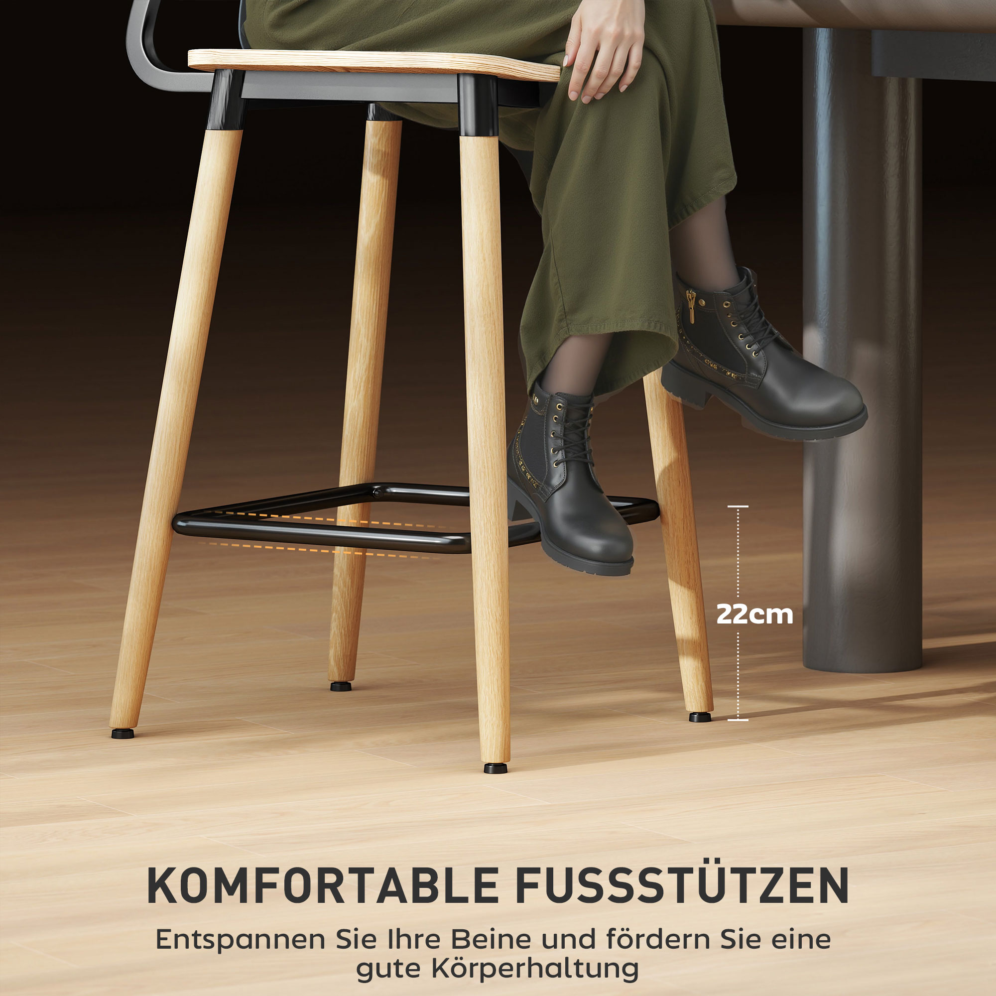 2er-Set Barhocker mit Rückenlehne, Barstühle für Hausbar, Kücheninsel, Esszimmer, Holz, Metall, Hellbraun