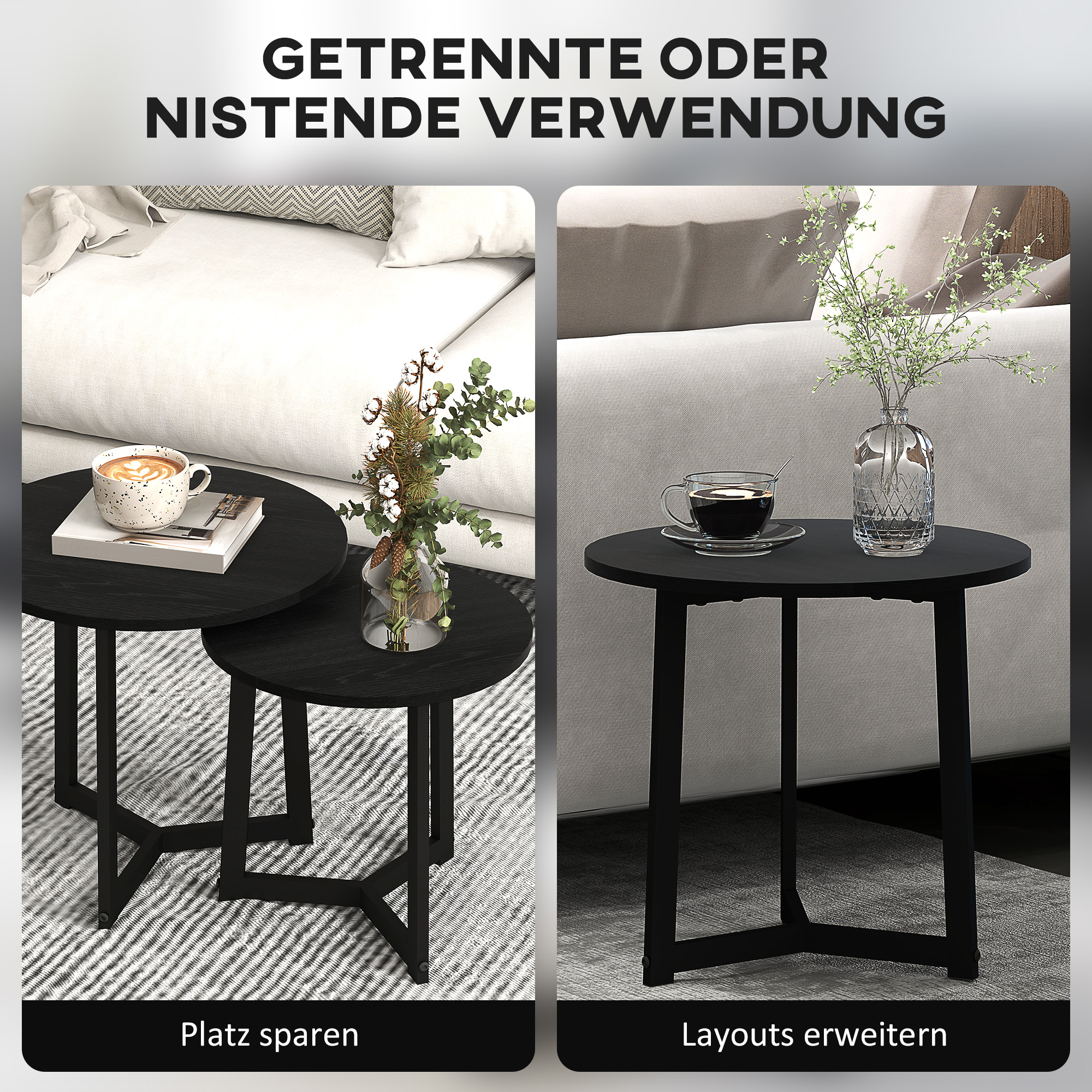 Moderner Couchtisch als 2er-Set, Metallrahmen, MDF, Rundes Design, ineinander verschiebbar, Schwarz