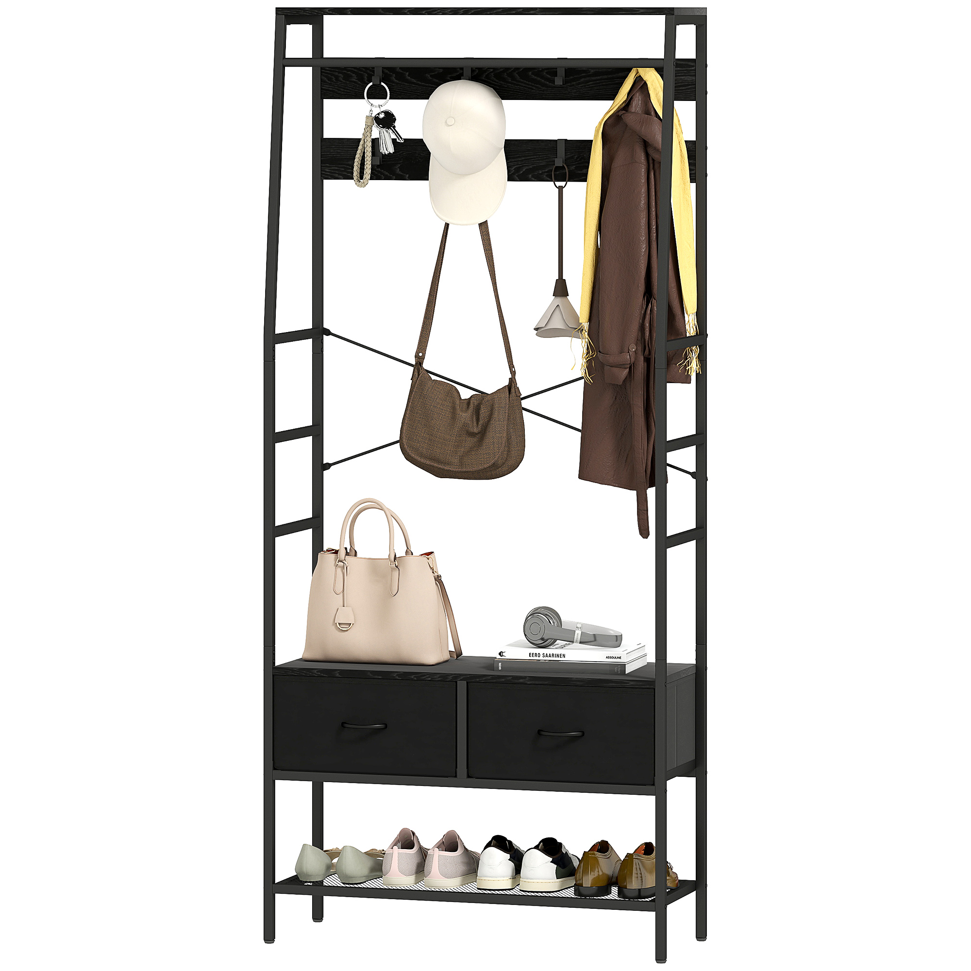 Garderobenständer mit Schuhregal, Kleiderständer im Industrie-Design, 2 Stoffschubladen, 8 Haken, Metallrahmen, Schwarz Garderobenständer mit Schuhregal, Kleiderständer im Industrie-Design, 2 Stoffschubladen, 8 Haken, Metallrahmen, Schwarz