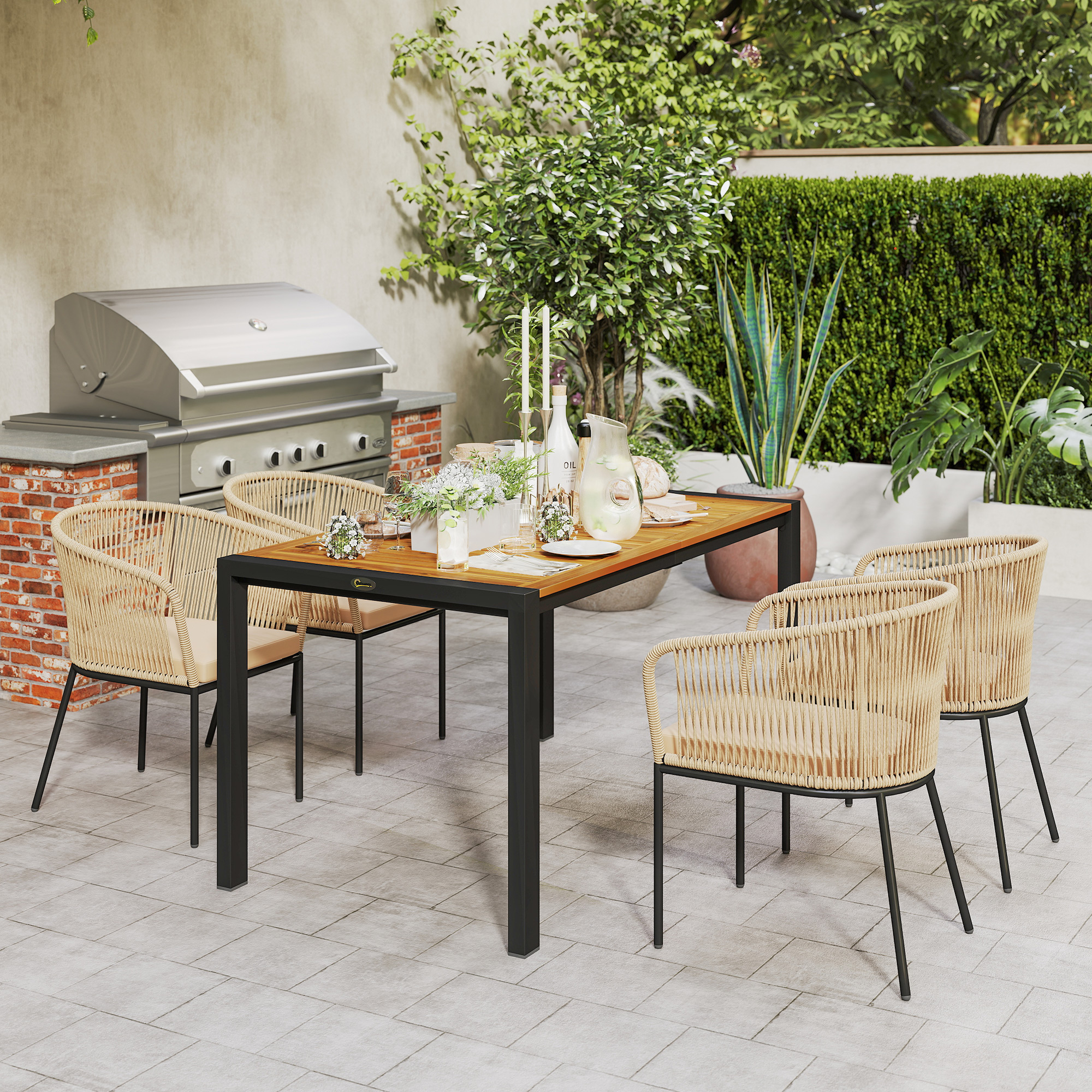 5-teiliges Gartenmöbel-Set, 4 Stühle, 1 Tisch, Kunst-Rattan, Stahlgestell, waschbare Kissen, für Terrasse, Khaki