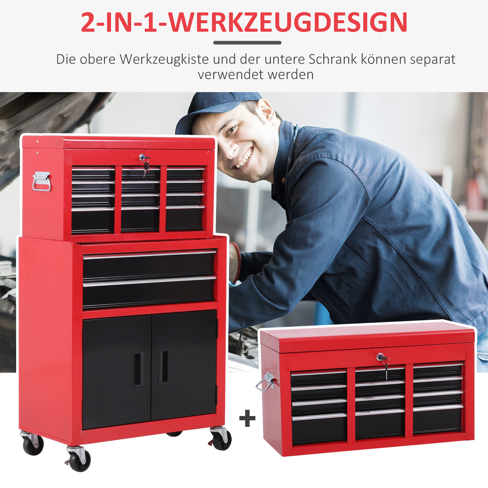 Werkzeugschrank mit Werkzeugkiste, rollbar, 6 Schubladen, Metall, Rot