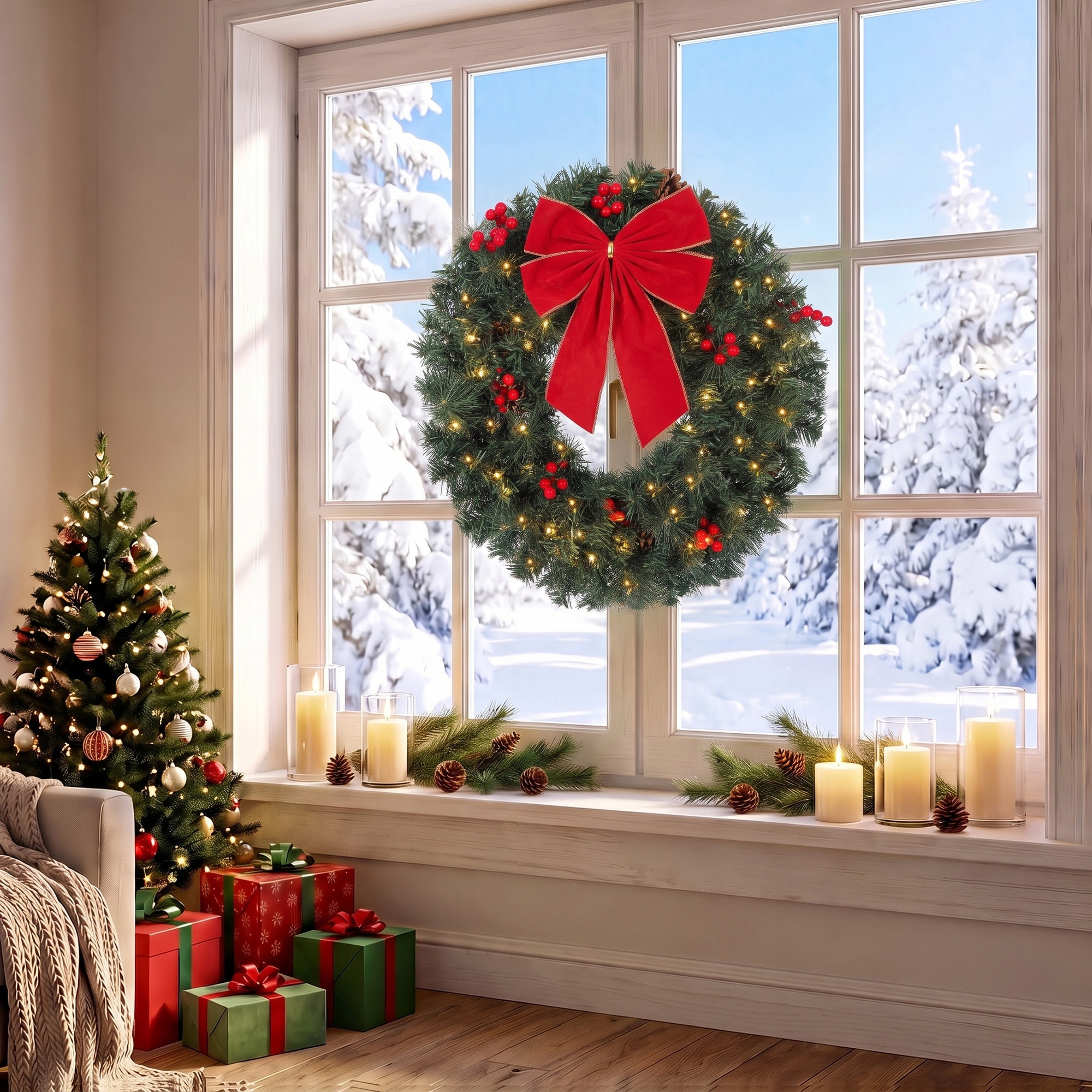 Weihnachtskranz 60 cm Türkranz mit Crestwood-Fichten Design, Schleife, 50 LEDs, 140 Zweigspitzen, 8 Leuchtmodi