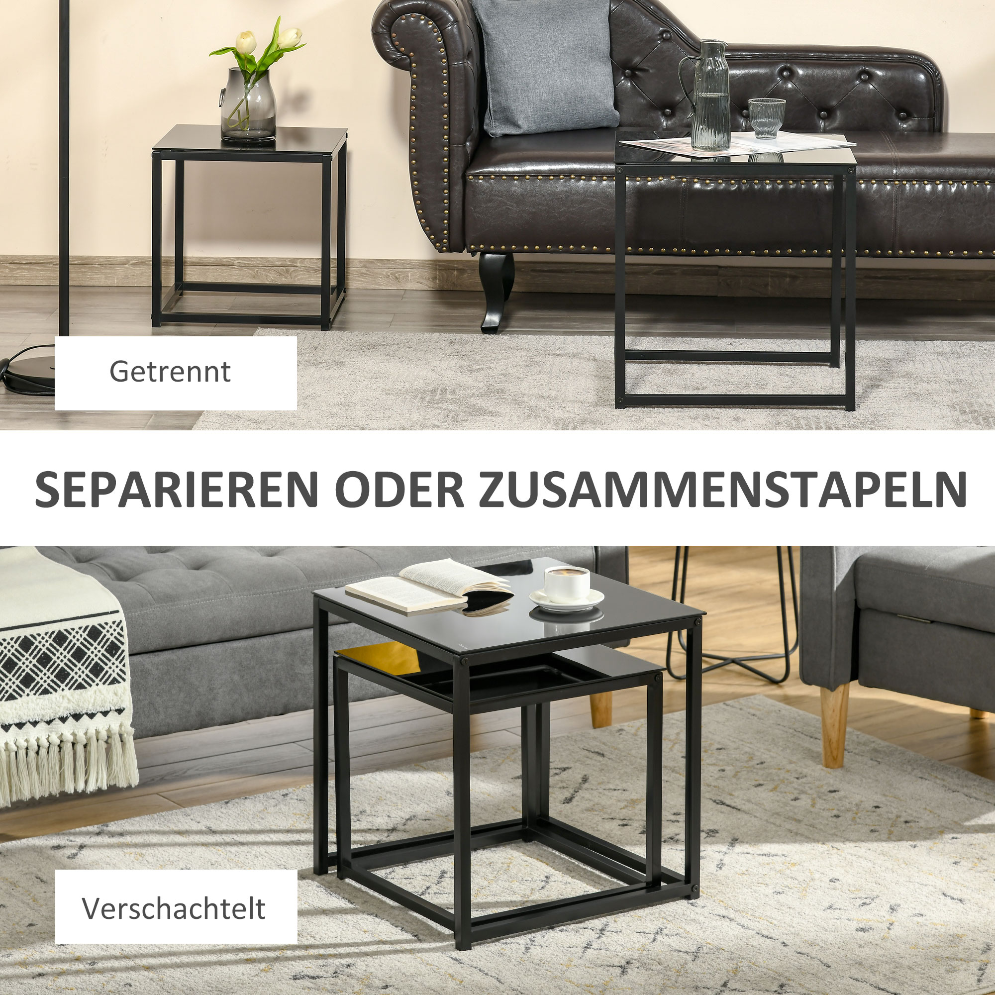 2er-Set Beistelltische, modernes Design, stapelbar, Glastisch, Schwarz