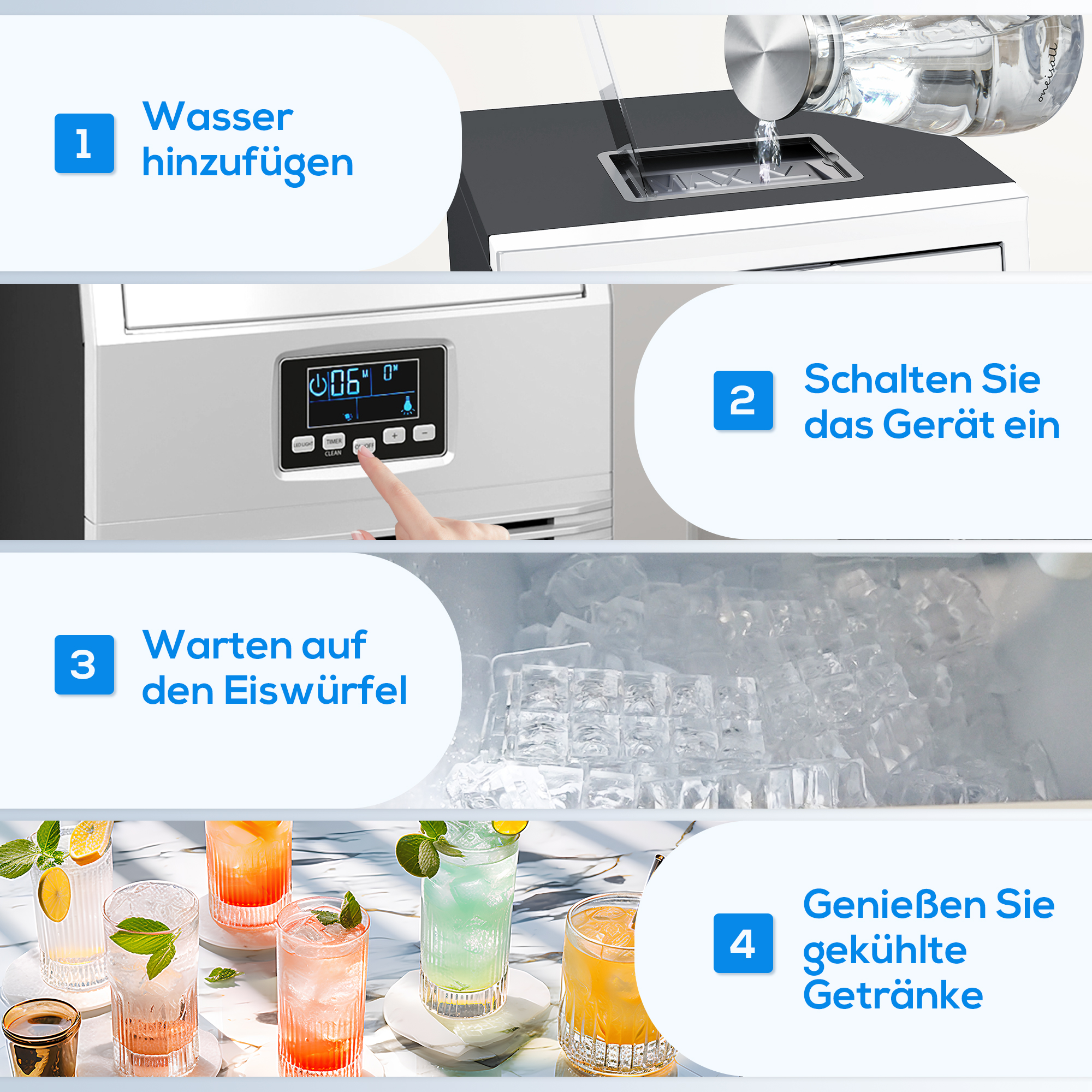 Eiswürfelmaschine, LED-Beleuchtung, leicht lesbare Anzeigen, mit Schaufel, Silber