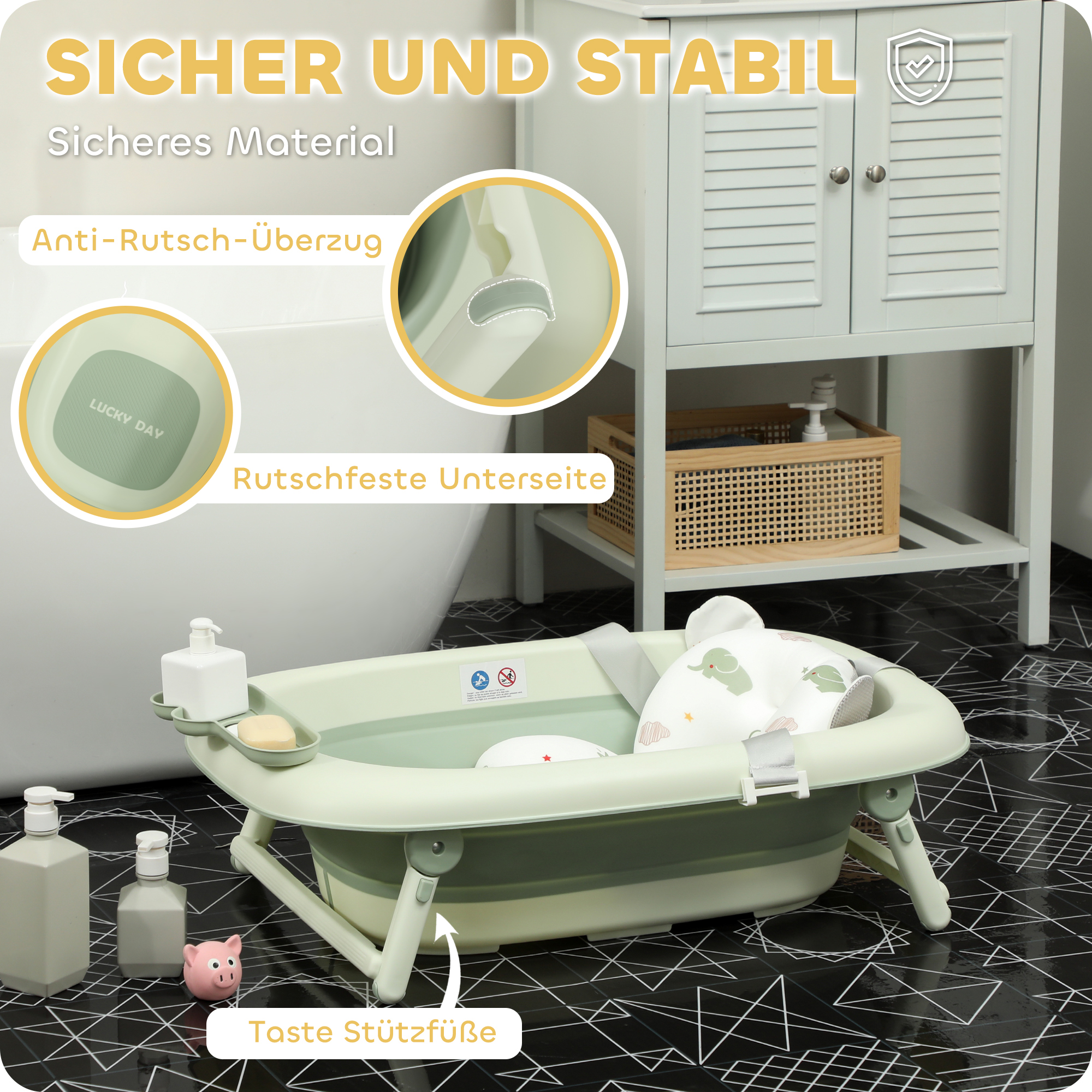 Babybadewanne, faltbar, rutschfester Boden, Elefanten-Badekissen, 86 x 53 x 25,5 cm, Grün