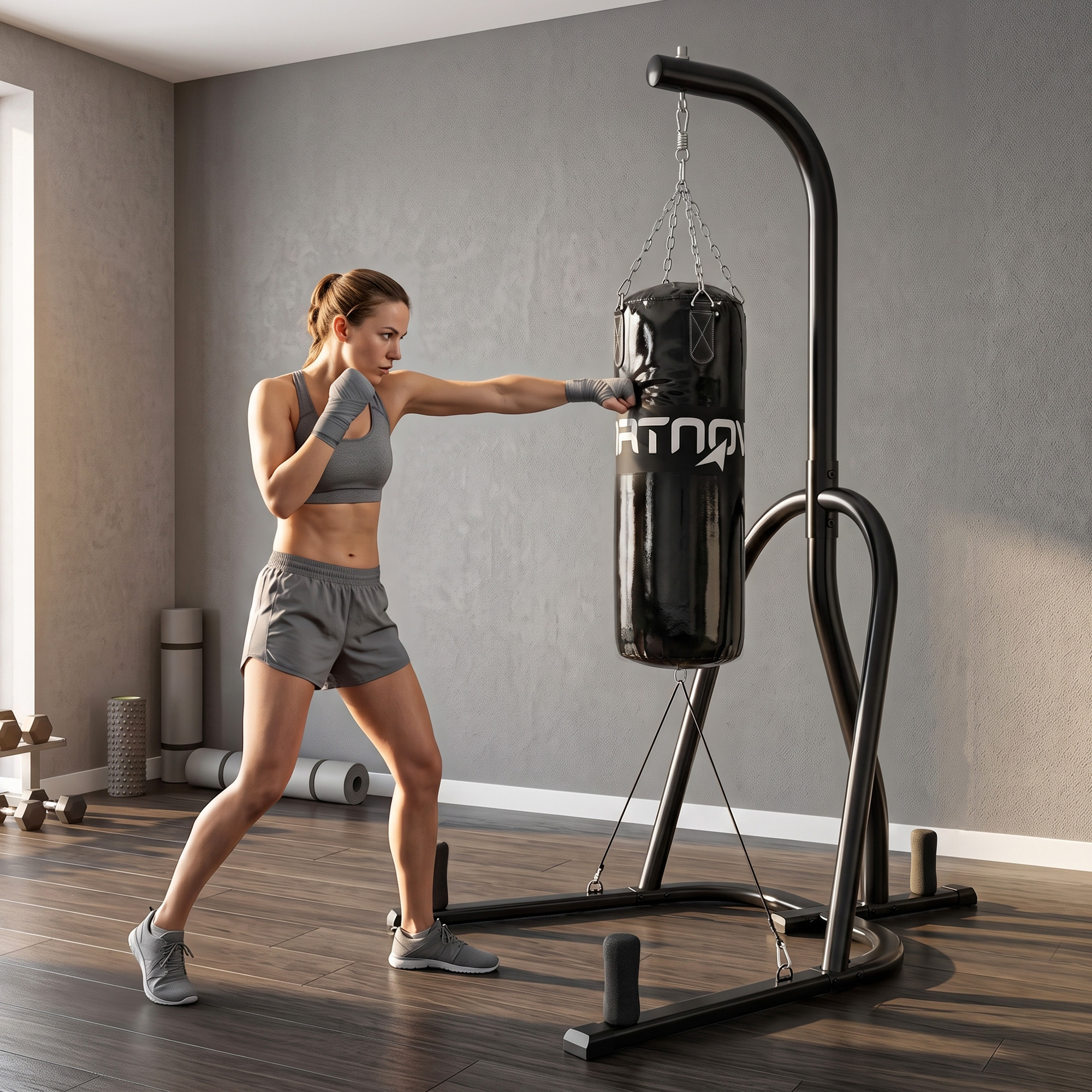 Boxsackständer Freistehender Boxsackhalter mit Boxsack Bungee-Seil 360° Kette U-basis Hantelscheibenhalterung Stahl