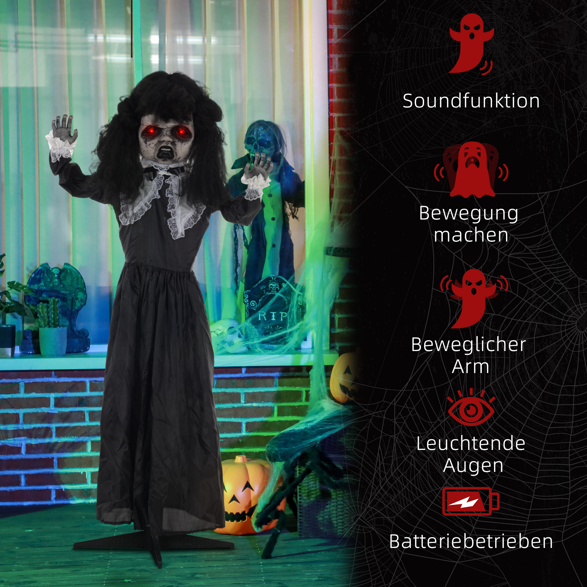 Horrorpuppe, Helloweendeko, gruselige Stimme & Musik, rote Augen, beweglich, 160 cm