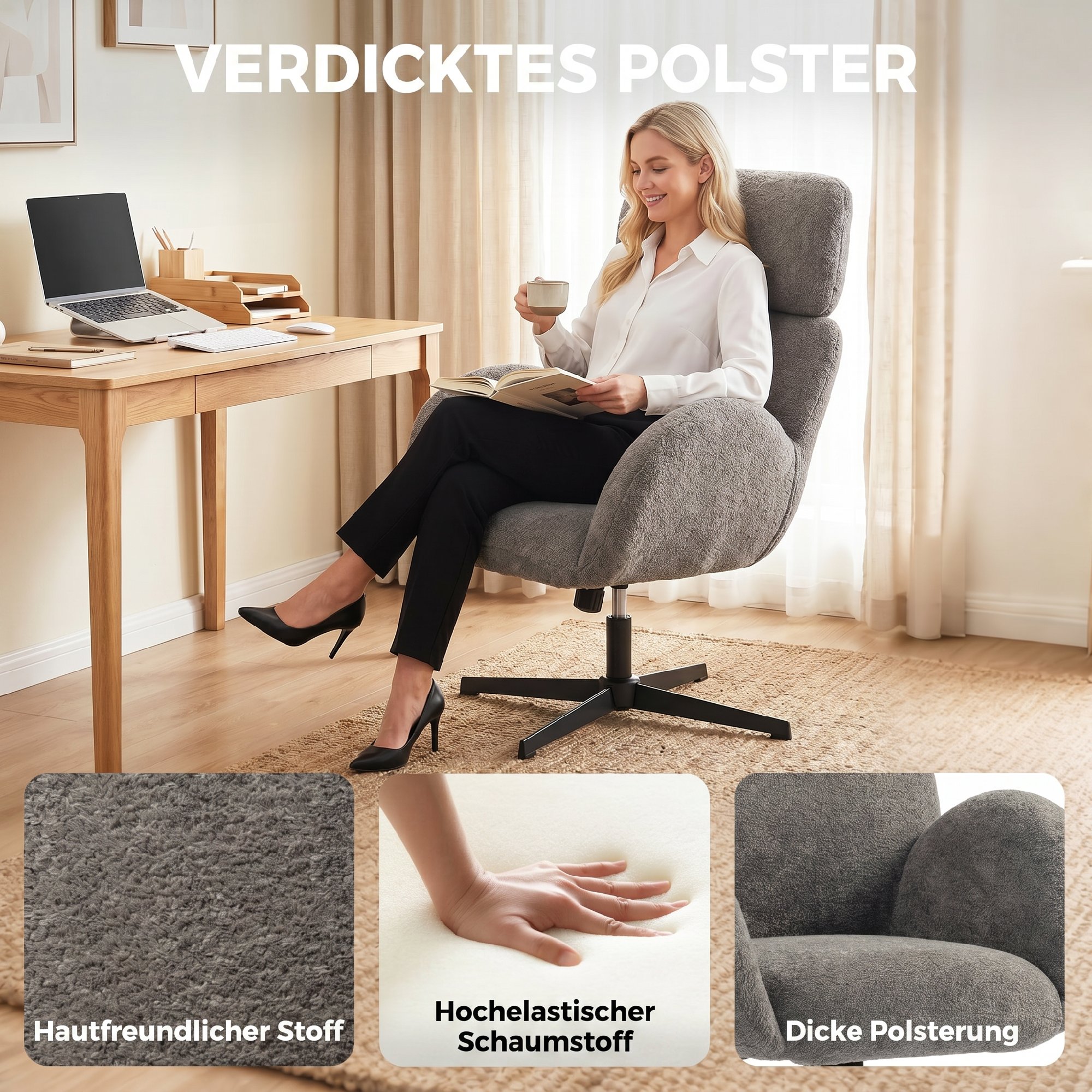 Bürostuhl mit Stoffbezug in Samtoptik, Polsterstuhl mit Stahlbasis, höhenverstellbarer Schreibtischstuhl, Grau