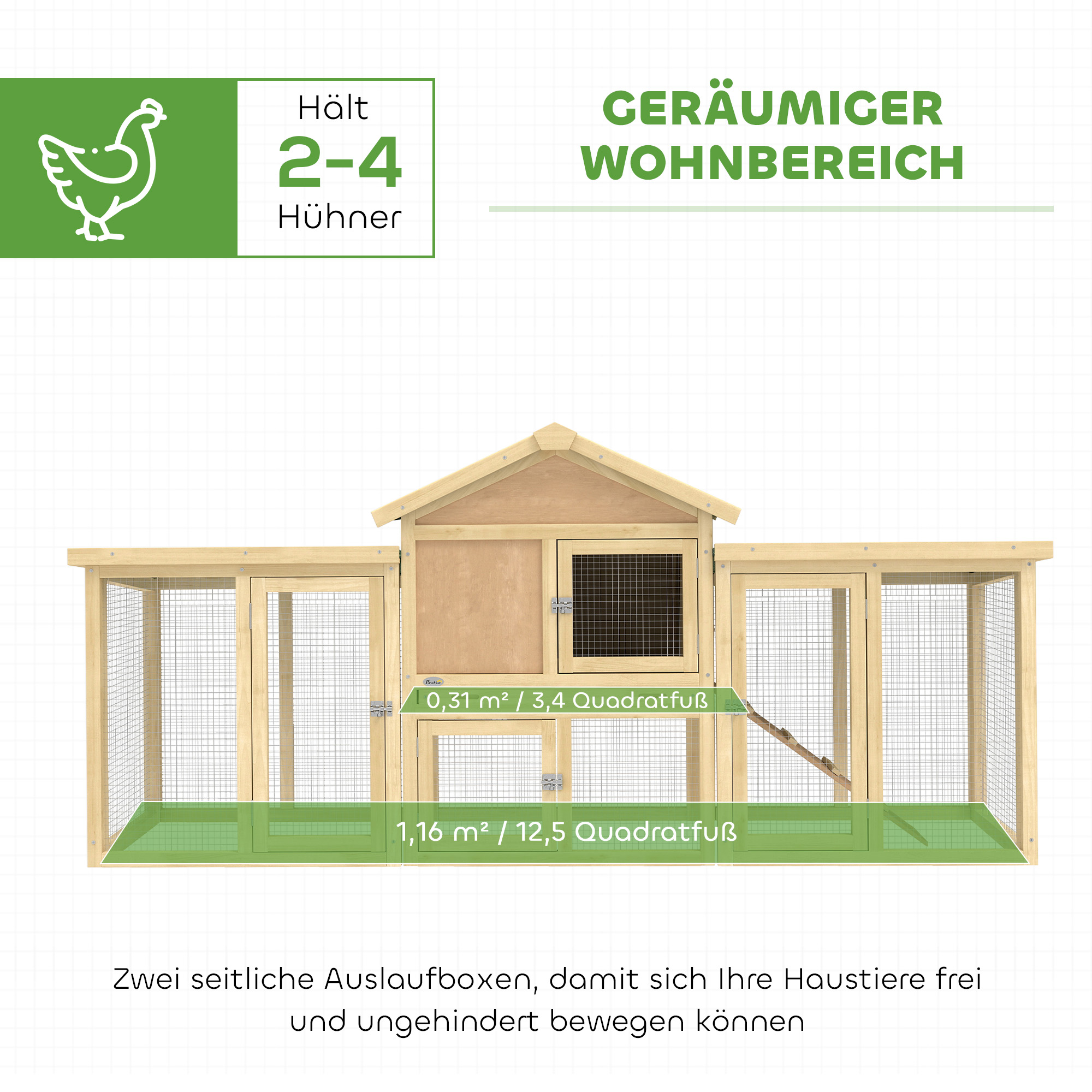 Hühnerstall Hühnerhaus aus Holz mit Nistkasten, wasserdichtem Dach, Sitzstange, Auslauf, Rampe, 204x85x93 cm Naturholz