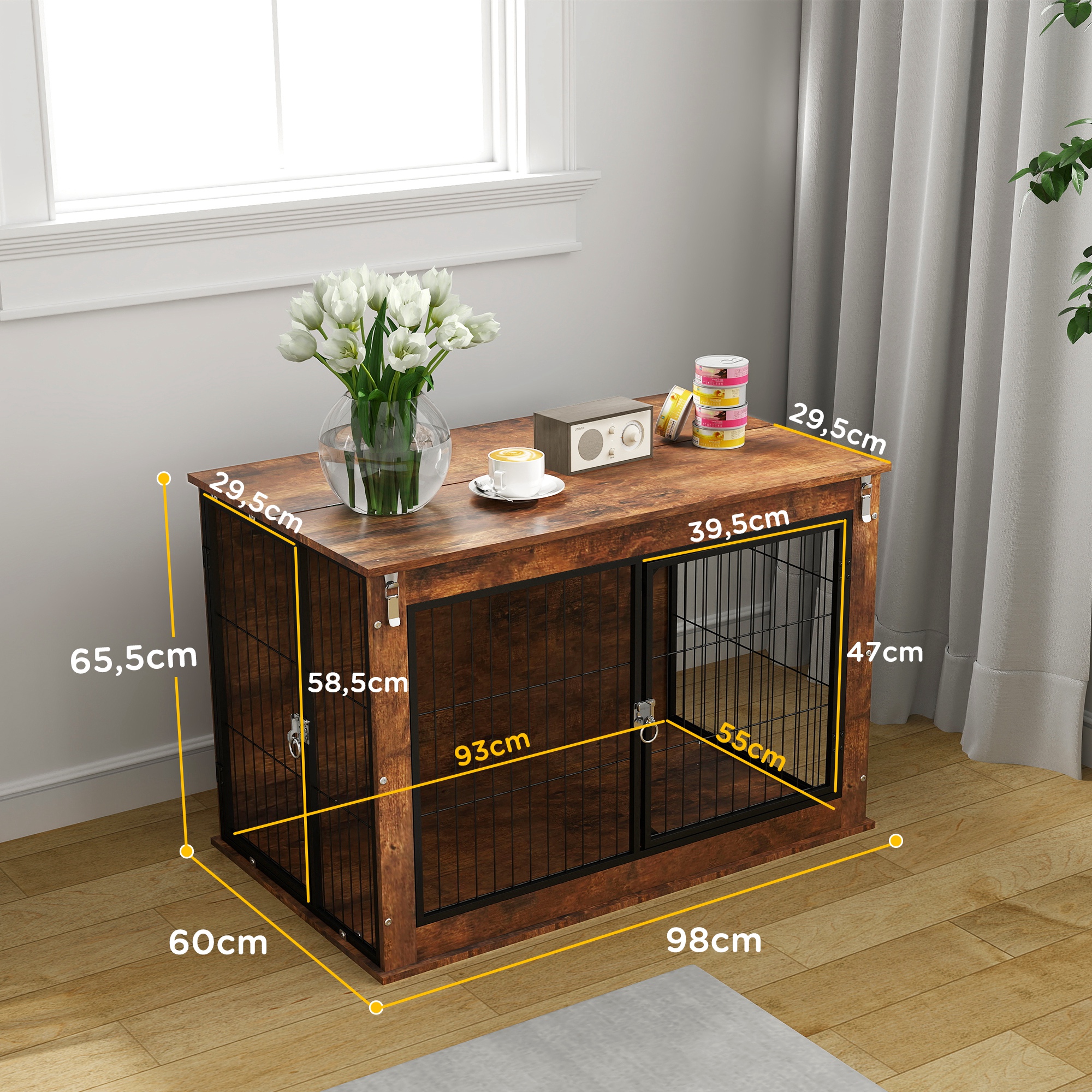 Hundebox, Transportbox für Hunde, Aufenthaltsbox, für Haustiere, 2 verschließbare Türen, 98 x 60 x 65,5 cm, Braun