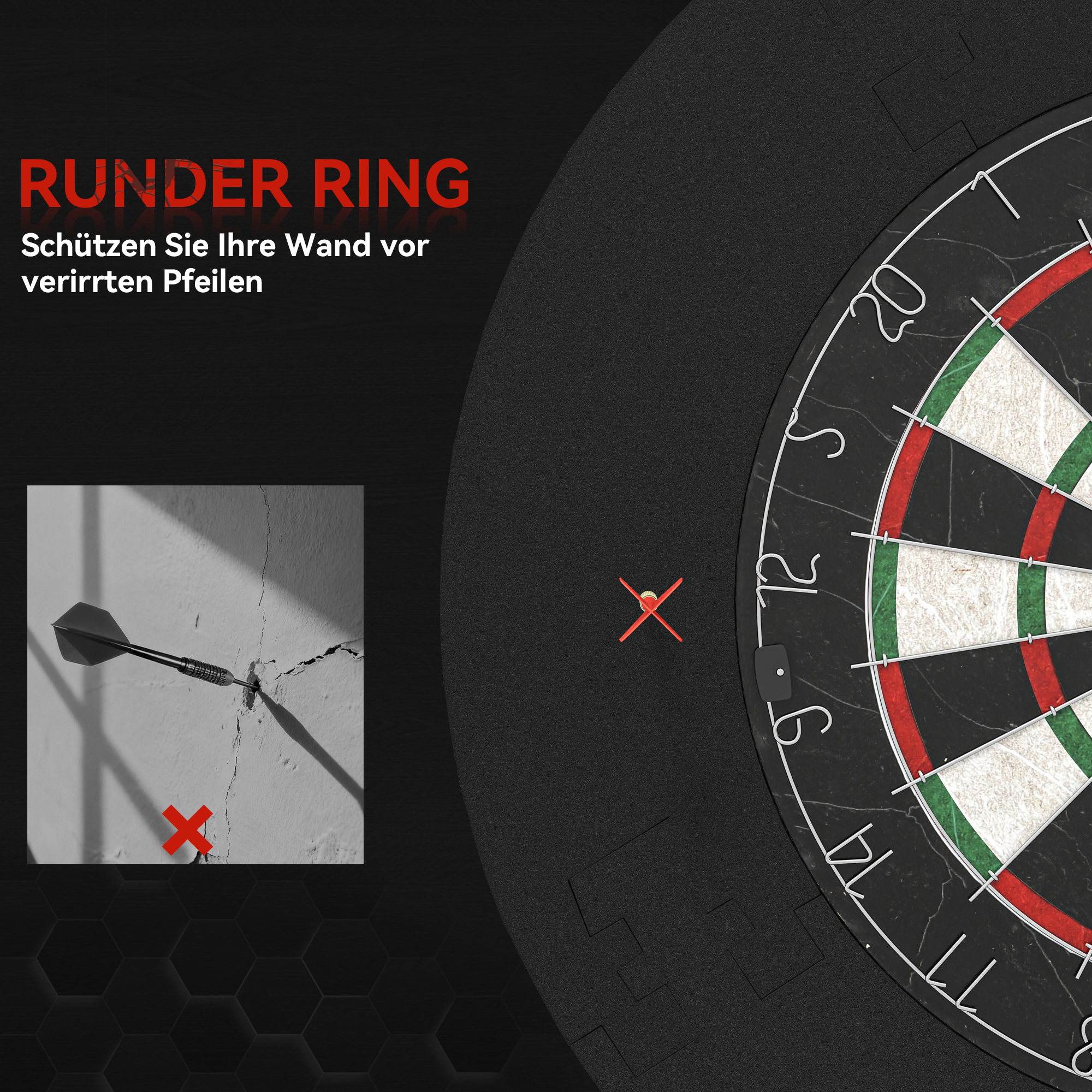 Dartscheibe Dartboard-Set mit Schutzring, 6 Dartpfeile mit Stahlspitzen, Sisal, Kunststoff, Schwarz