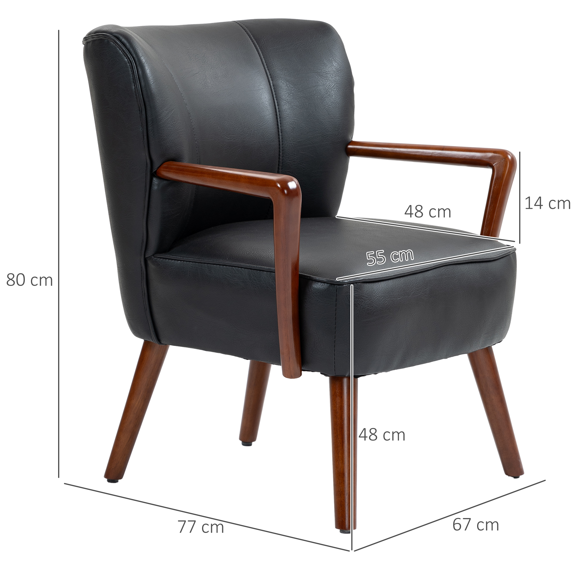 Akzentsessel, breiter Sitz, Lederoptik, Holzrahmen, bis 120 kg, 67x77x80 cm, Schwarz