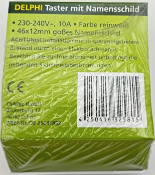 DELPHI Taster mit Namensschild, 0-250V~/ 10A, inkl. Rahmen, UP, weiß