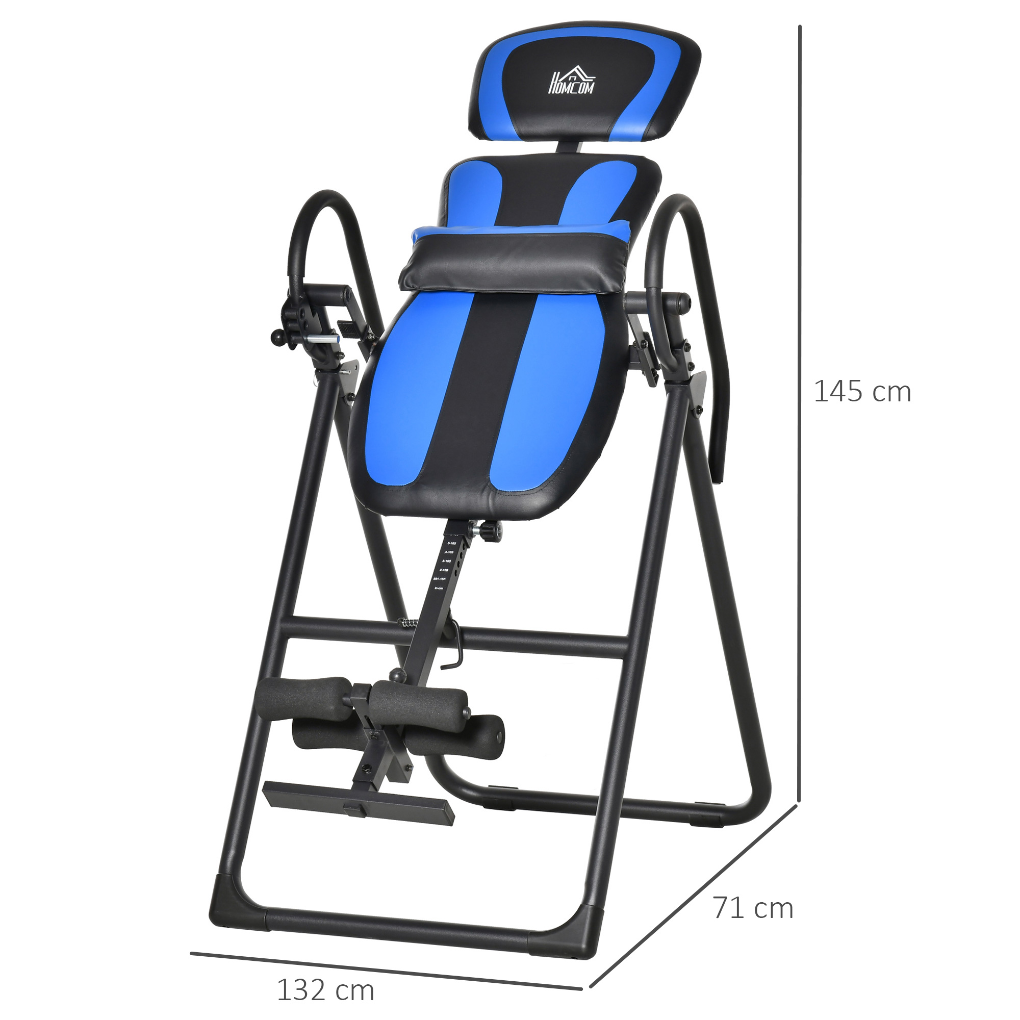 Inversionsbank klappbarer Schwerkrafttrainer mit zwei beweglichen Rädern eingestellt Rückenpolster Metall ABS Schwarz+Blau 132 x 71 x 145 cm