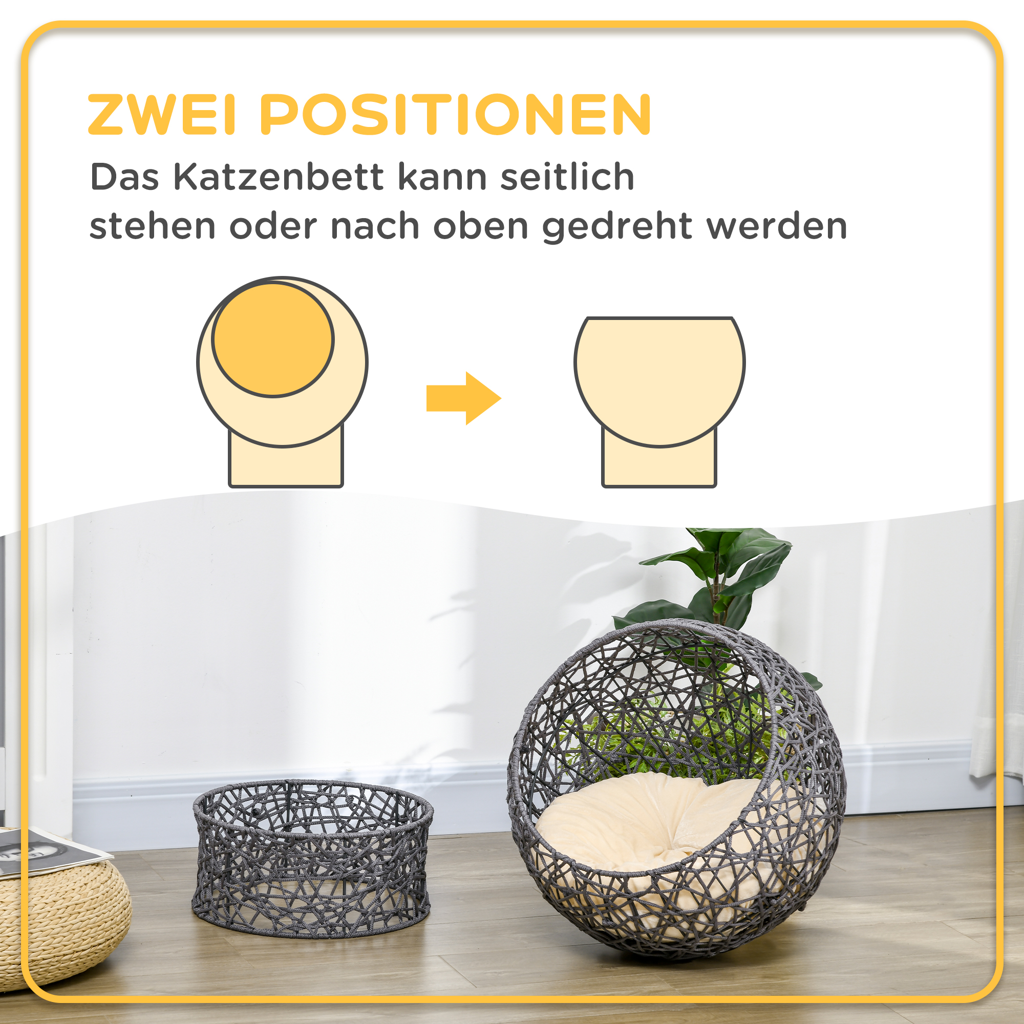 Katzenkorb, Katzenhöhle inkl, Kissen, 2-teilig, 50 cm x 50 cm x 60 cm, Cremeweiß + Anthrazit