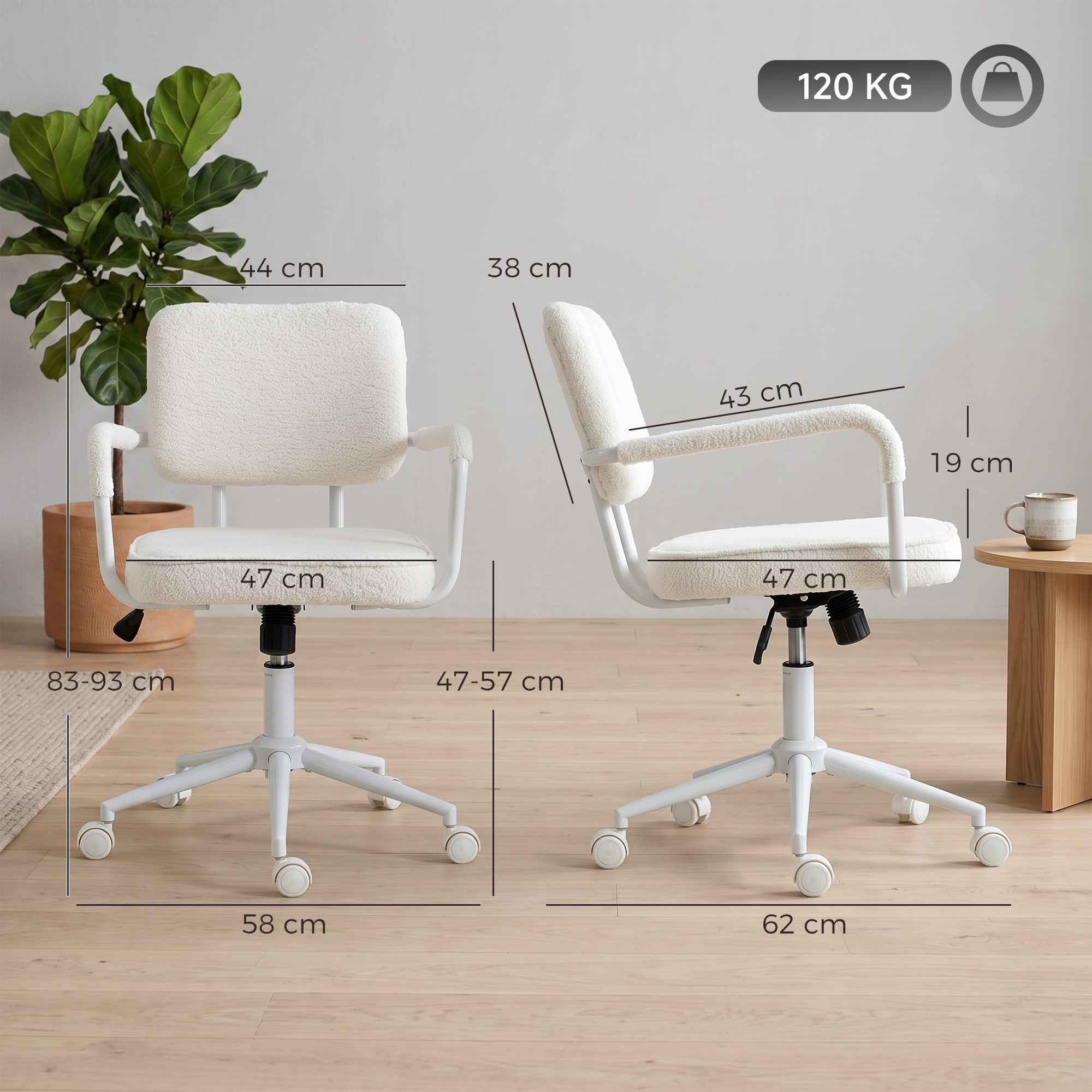 Bürostuhl aus Sherpa-Fleece, Drehstuhl mit 360°-Drehfunktion, Wippfunktion, höhenverstellbar, mit PU-Rollen, cremeweiß
