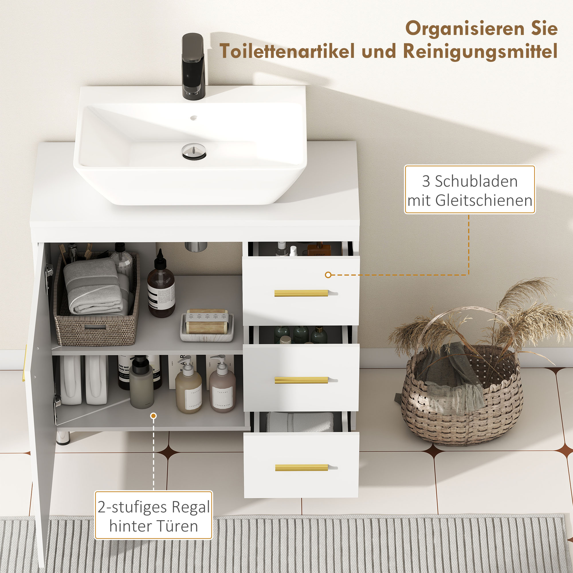 Badezimmer-Unterschrank, 3-stufiges Design, MDF, Spanplatte, Weiß