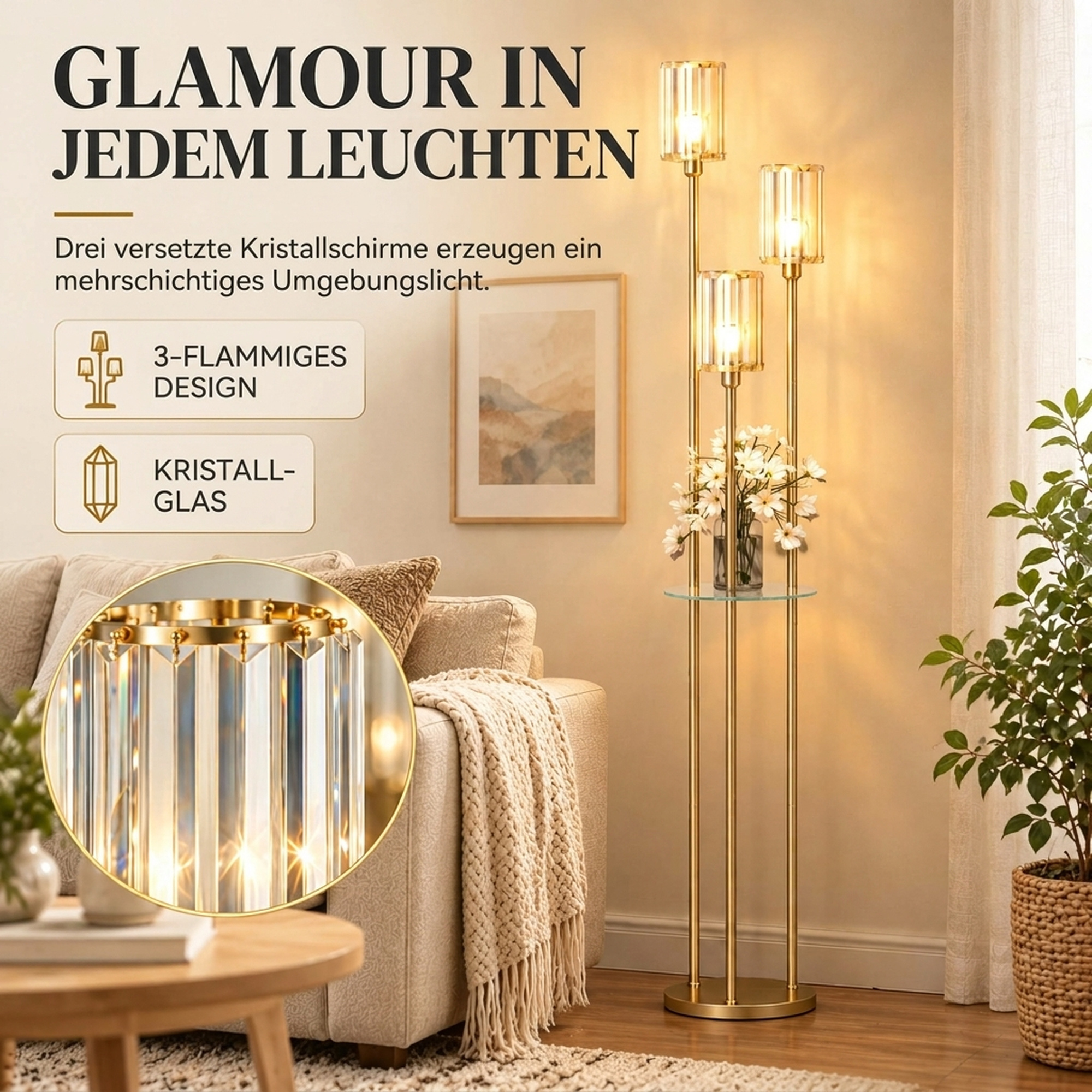 Stehlampe mit Regal mit 3-flammigen Glasschirmen Stehleuchte mit Glastisch 177 cm Gold