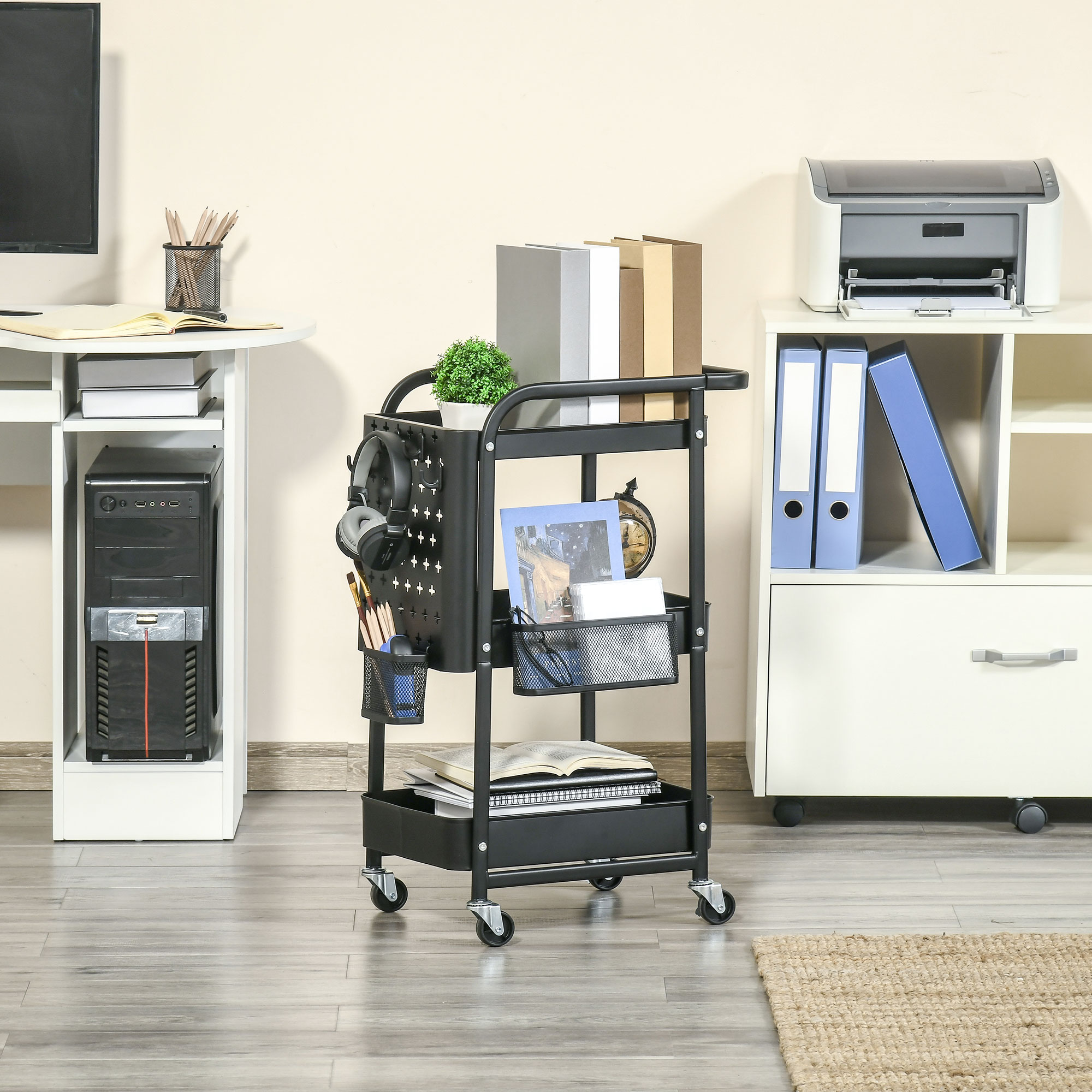 Küchentrolley mit Lochtafel, Handtuchhalter, Aufbewahrungskörbe, Schwarz