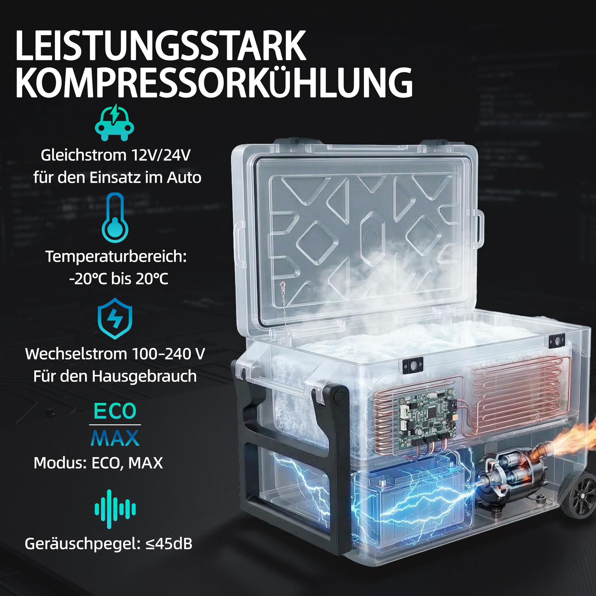 42,5 Liter Kompressor Kühlbox leise elektrisch Mini Kühlschrank bis -20℃ Kühlbox mit Bluetooth Rolle Griff Handyhalter
