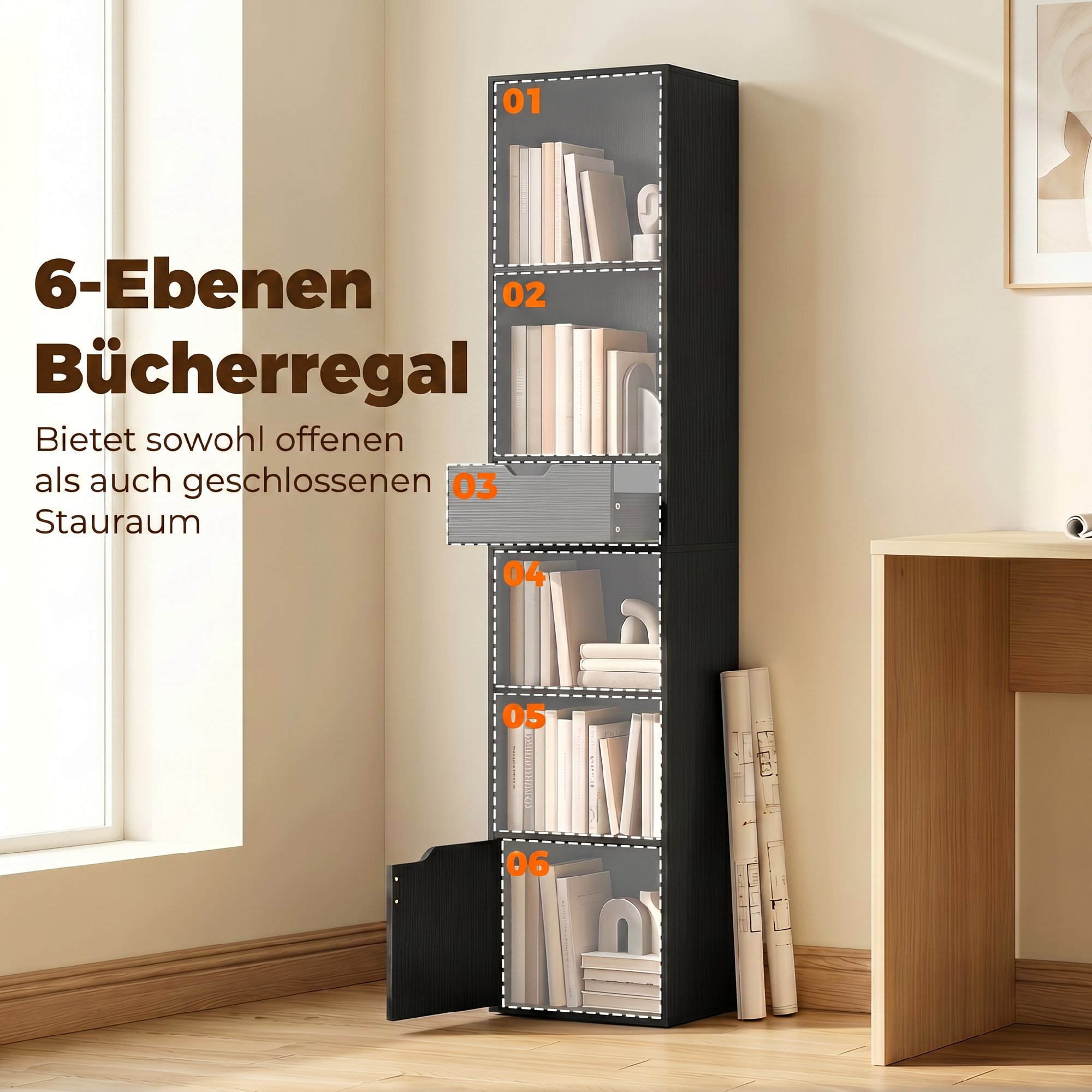 6-fach Bücherregal mit Schublade und verstellbarem Fach, freistehender Aufbewahrungsschrank, 30 x 24 x 158 cm, Schwarz
