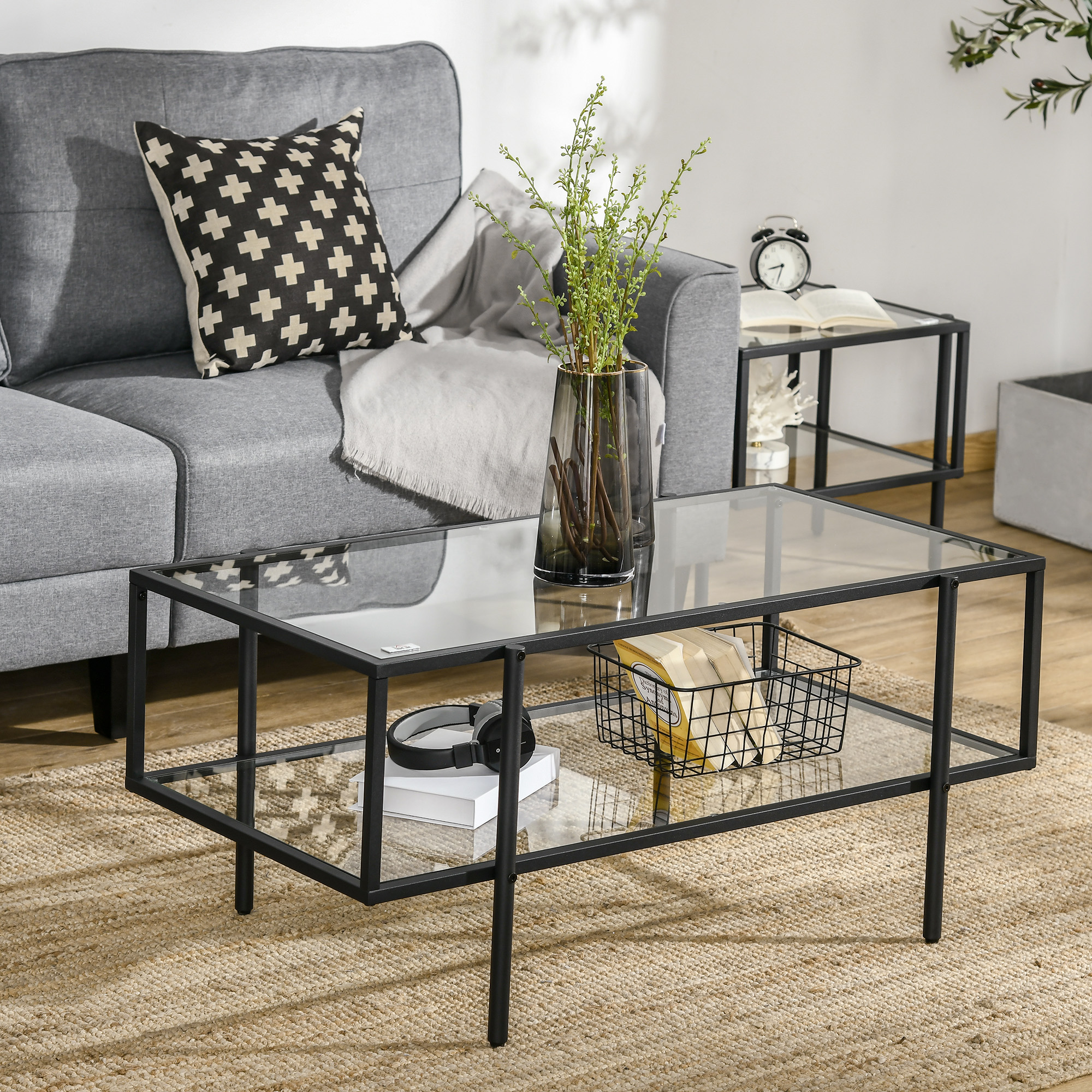Couchtisch mit Ablage, verstellbare Füße, Stahlrahmen, Glasplatte, 100 x 55 x 45,5 cm, Weiß