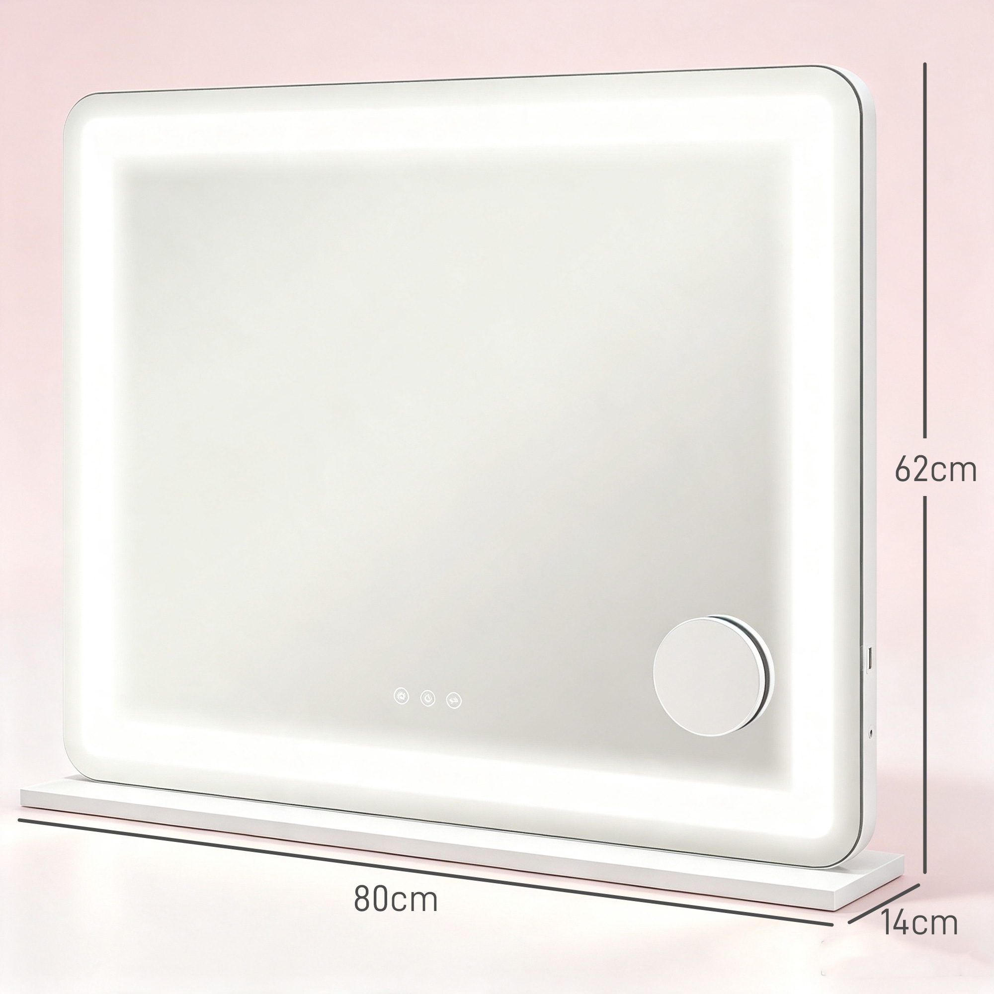 Schminkspiegel mit LED Beleuchtung 80x60 cm Kosmetikspiegel mit 3 Lichtfarben, USB-Ladefunktion, 10X Vergrößerung