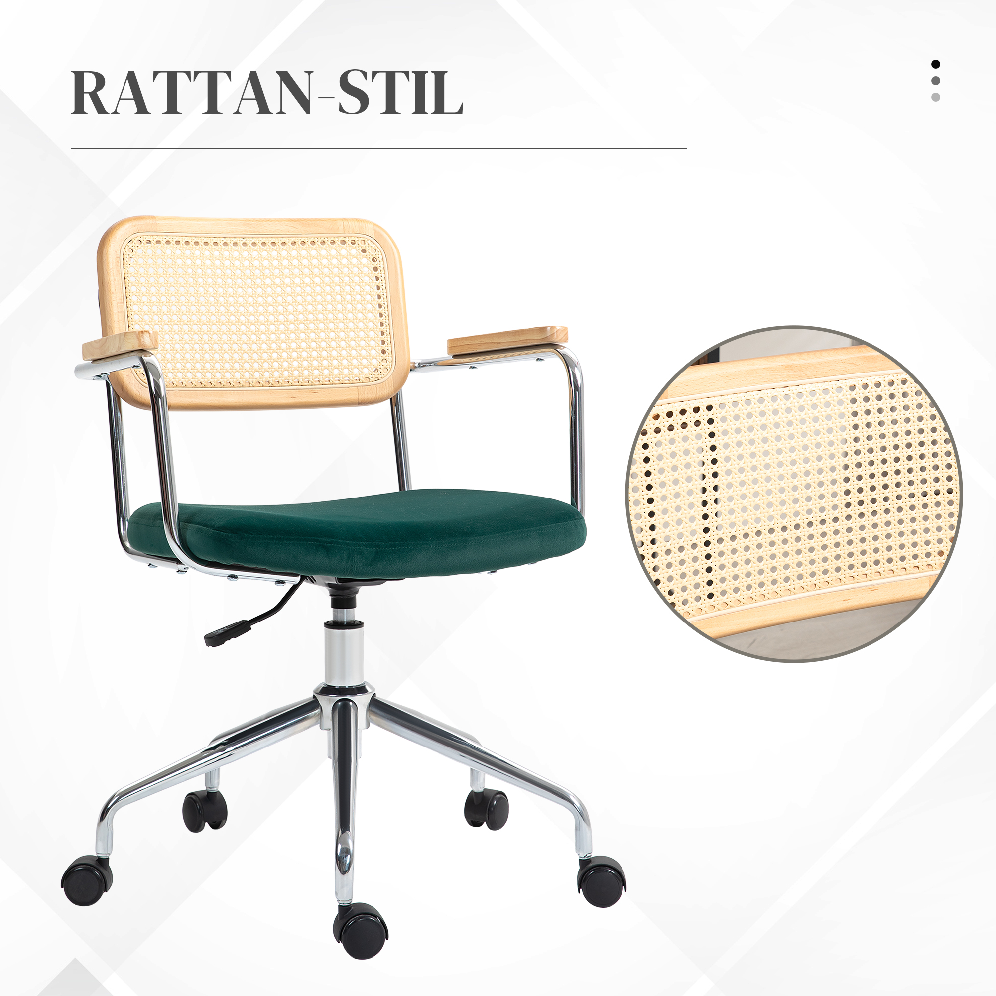 Bürostuhl, Boho-Design, Holzarmlehnen, drehbar, verstellbar, bis 120 kg, Stahl, Grün