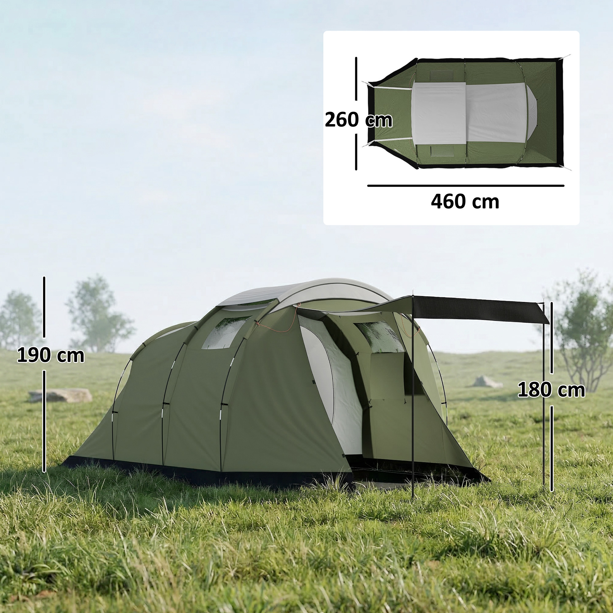Campingzelt für 3-4 Personen stabil 3000mm wasserdicht Familienzelt mit Schlafkabine Vorraum Wohnbereich Grün