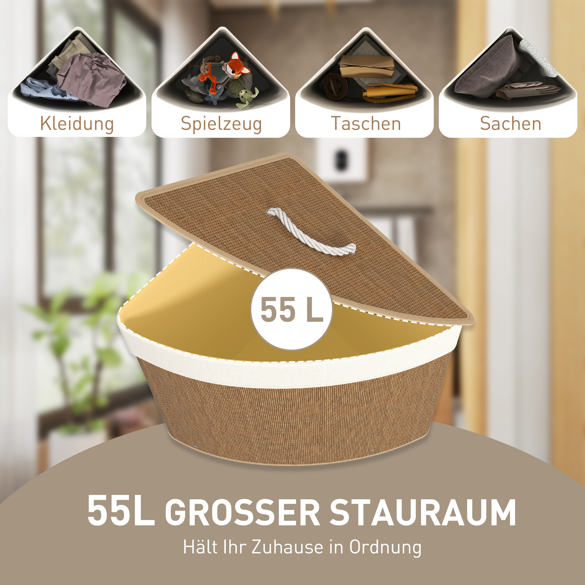 Wäschekorb im Eckdesign, Bambusgeflecht, 55 Liter, Stoffbeutel, Metallrahmen, Braun